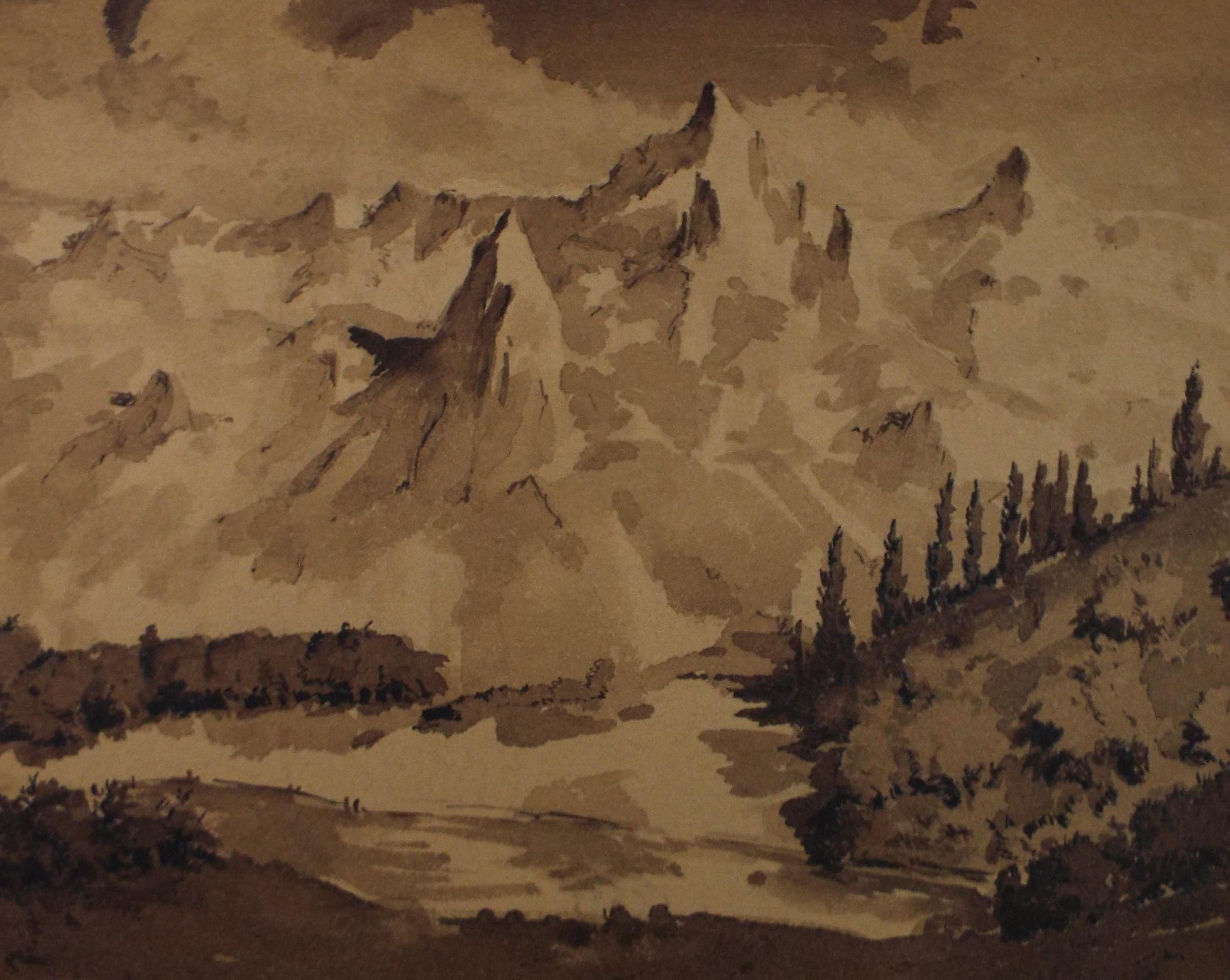 Original Sepia Watercolour, 'Mountain study', Artist Unknown, circa 1950's