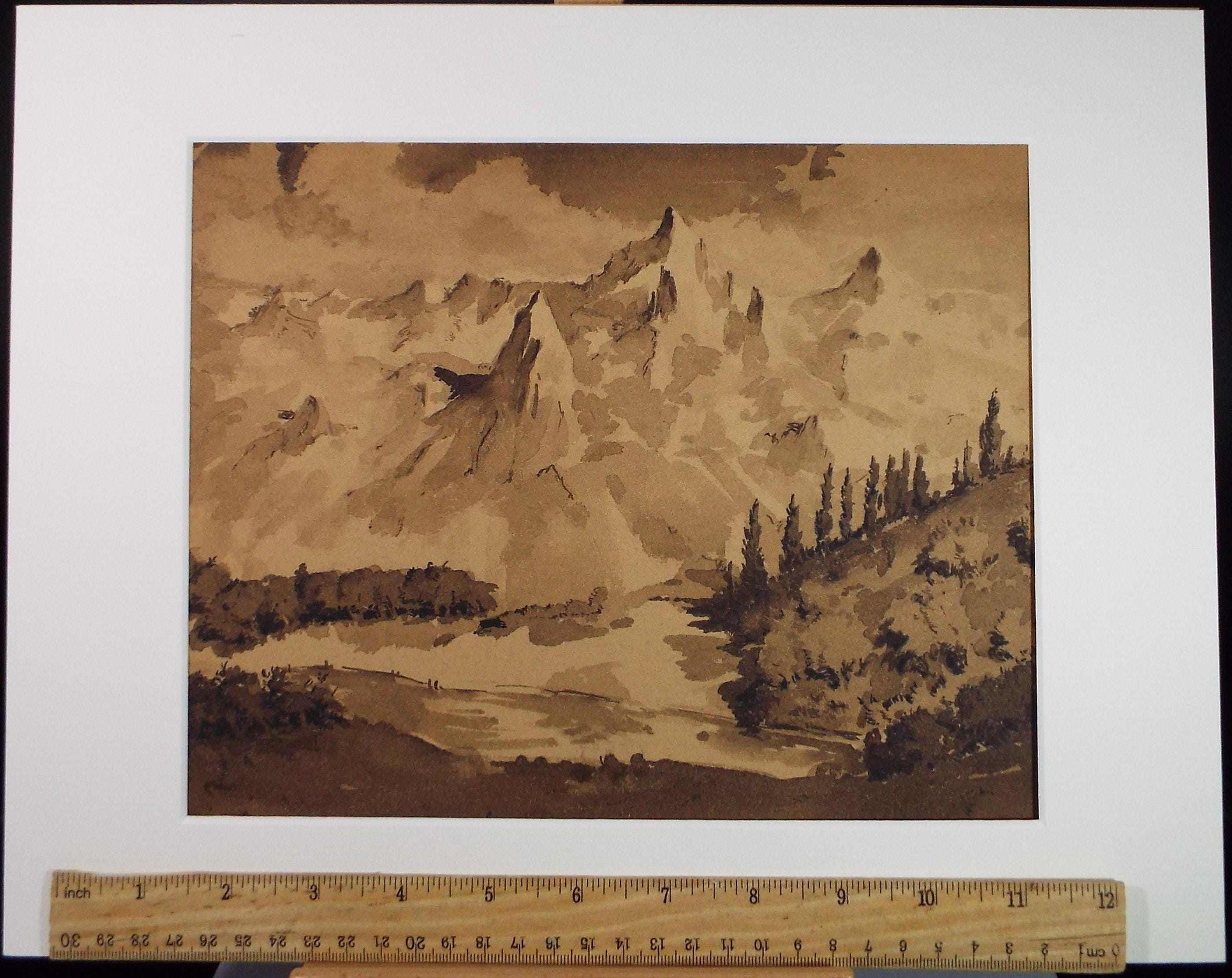 Original Sepia Watercolour, 'Mountain study', Artist Unknown, circa 1950's