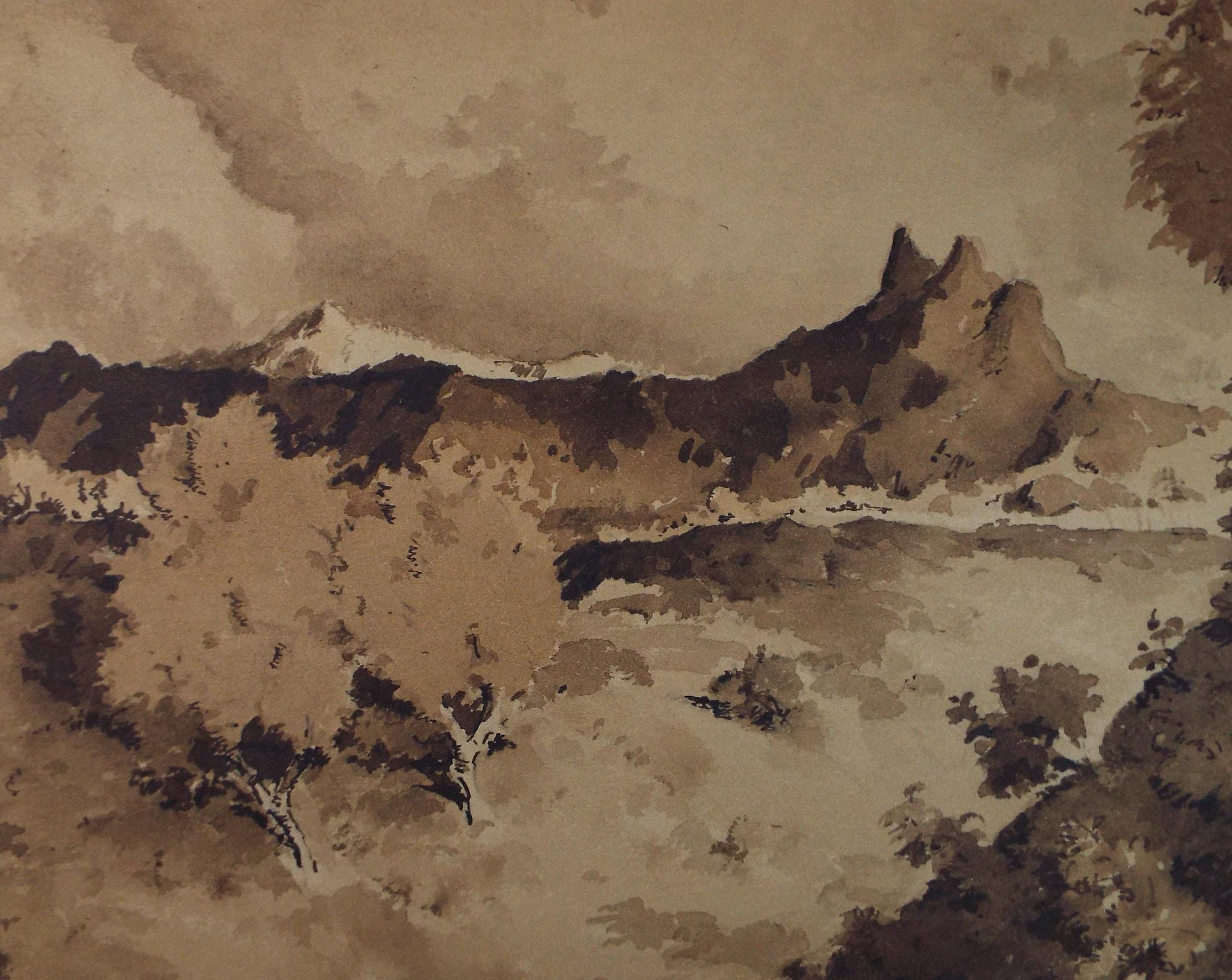 Original Sepia Watercolour, 'Landscape Study', Artist Unknown, circa 1950's