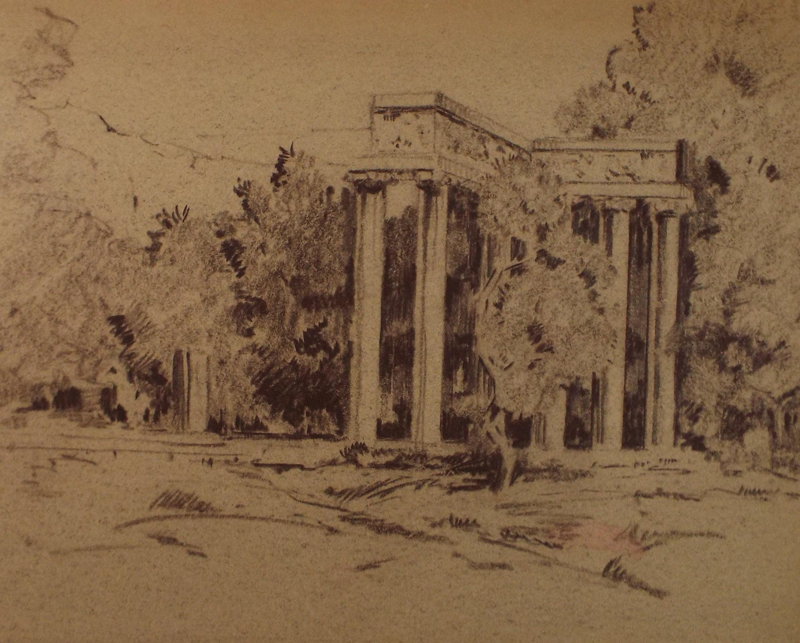 Original Pastel Drawing, 'Italian Folly', Artist Unknown, circa 1950's