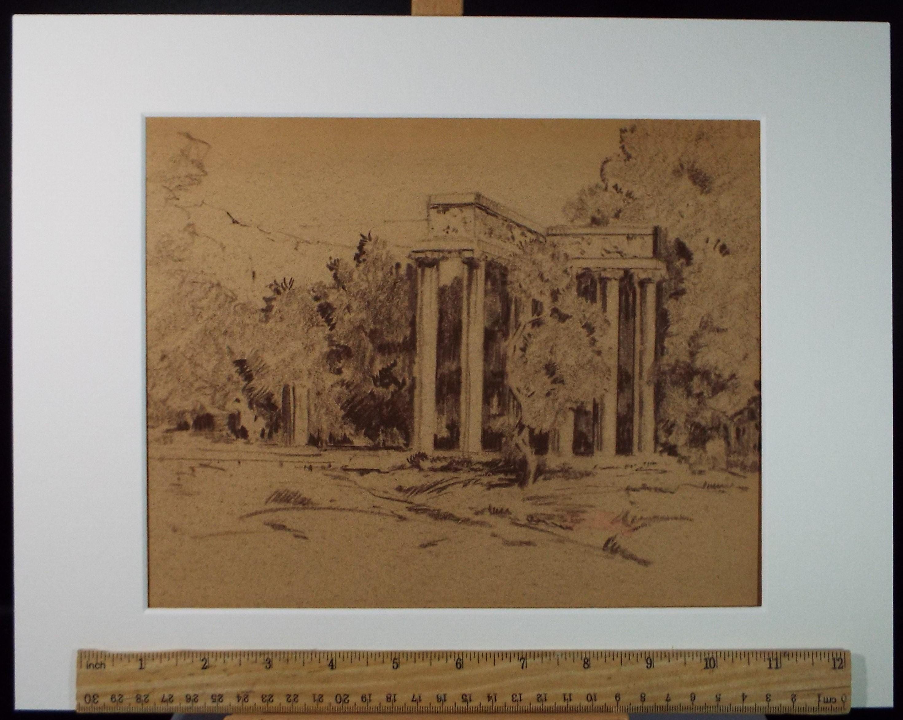 Original Pastel Drawing, 'Italian Folly', Artist Unknown, circa 1950's