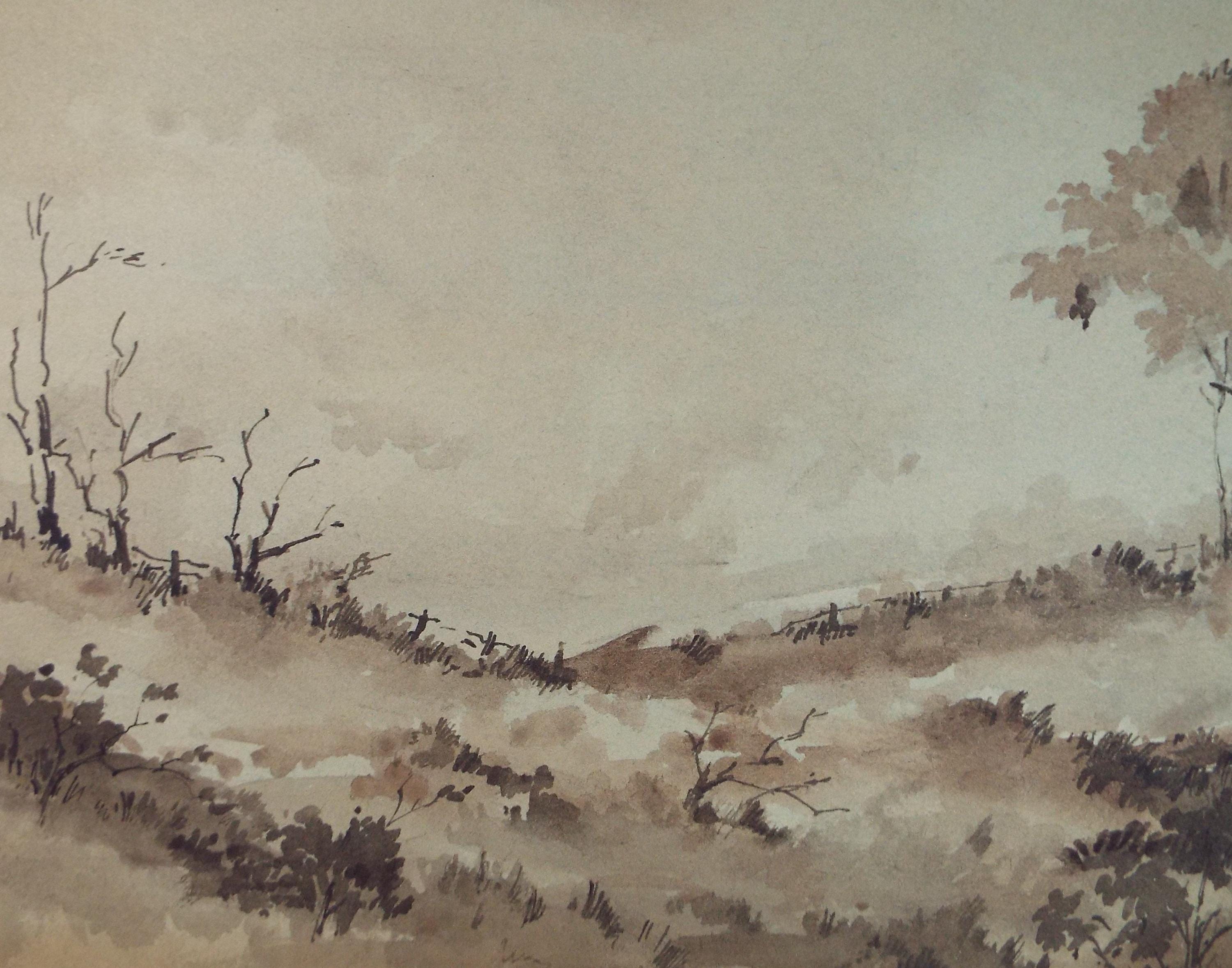 Original Sepia Watercolour, 'Landscape Study', Artist Unknown, circa 1950's