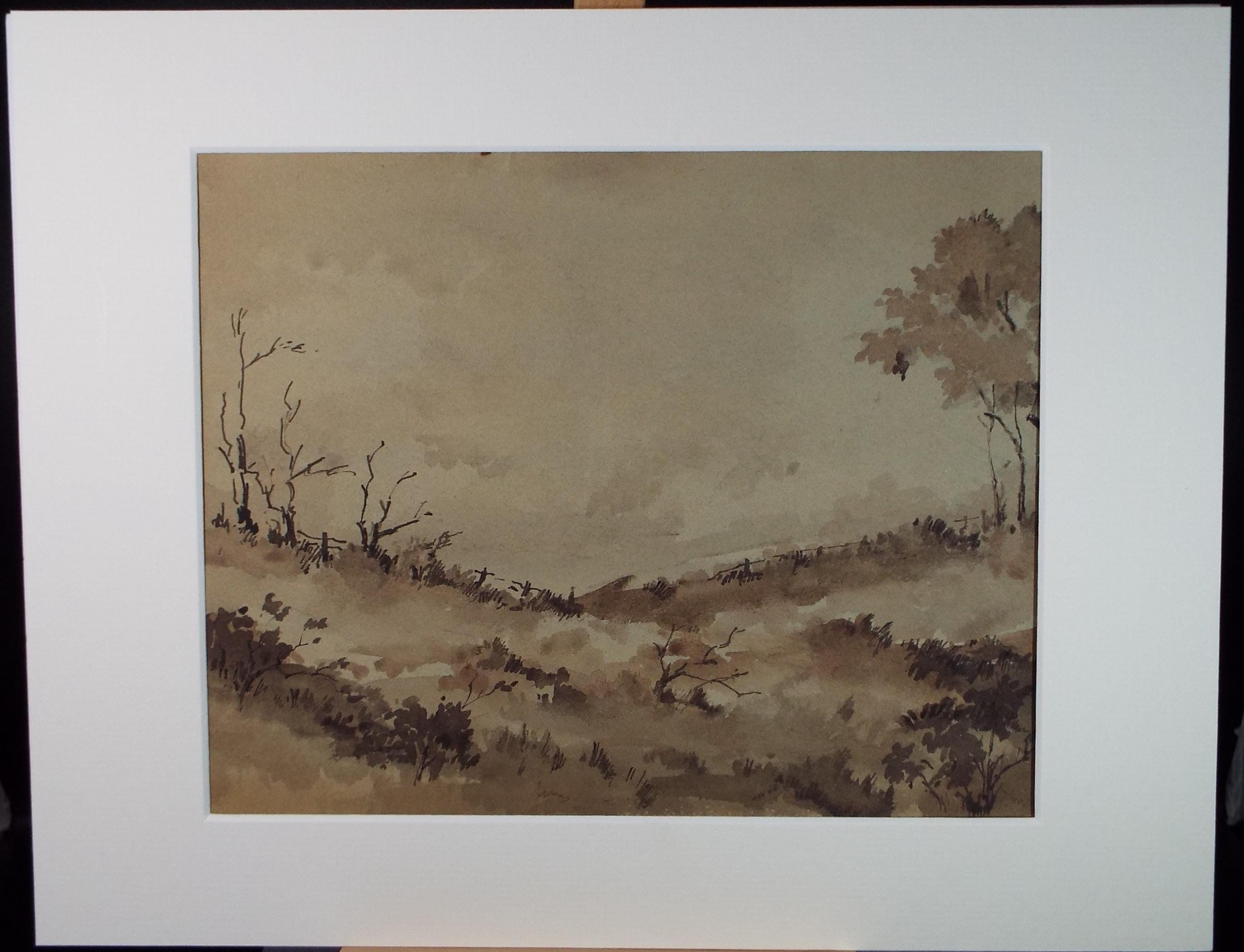 Original Sepia Watercolour, 'Landscape Study', Artist Unknown, circa 1950's