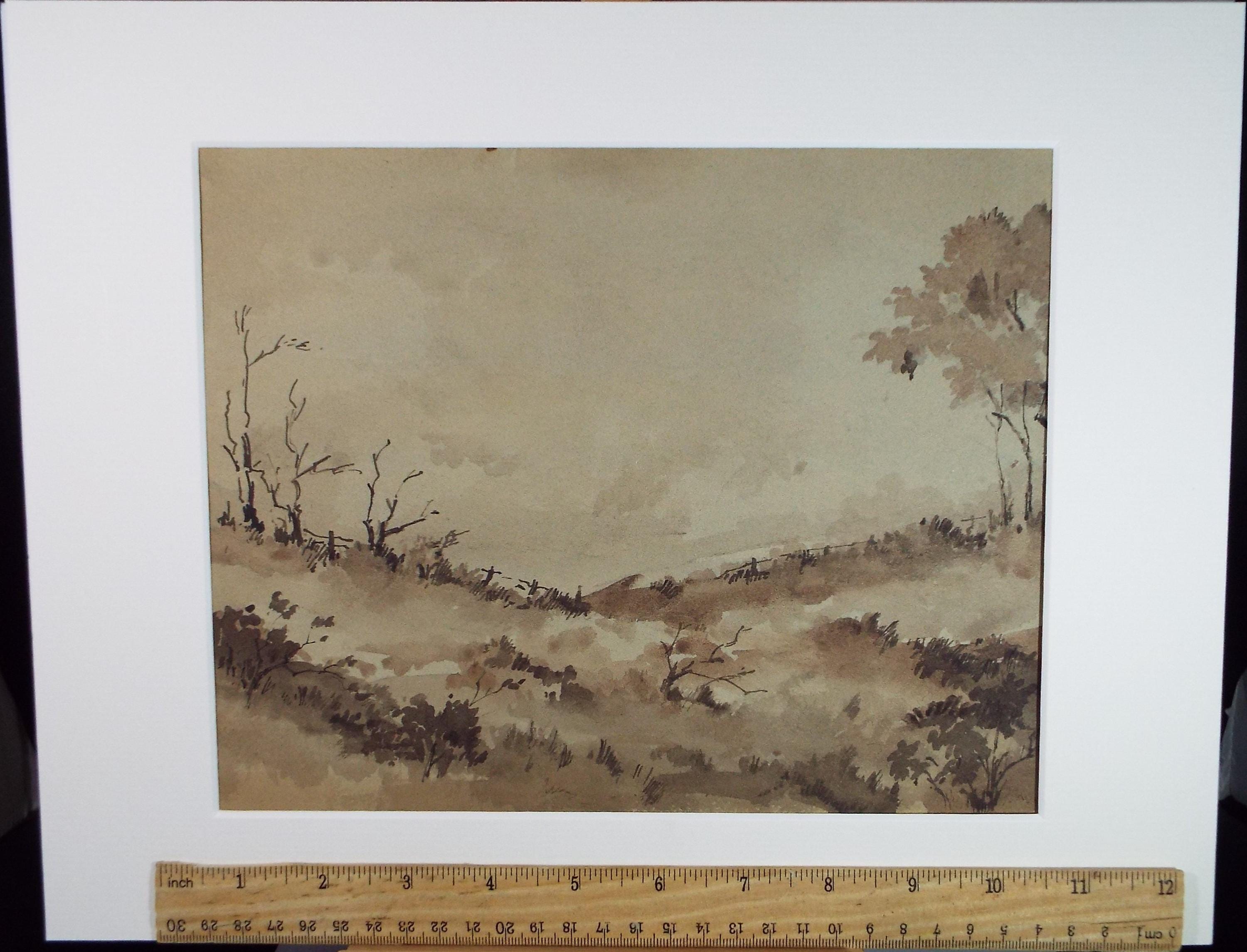 Original Sepia Watercolour, 'Landscape Study', Artist Unknown, circa 1950's