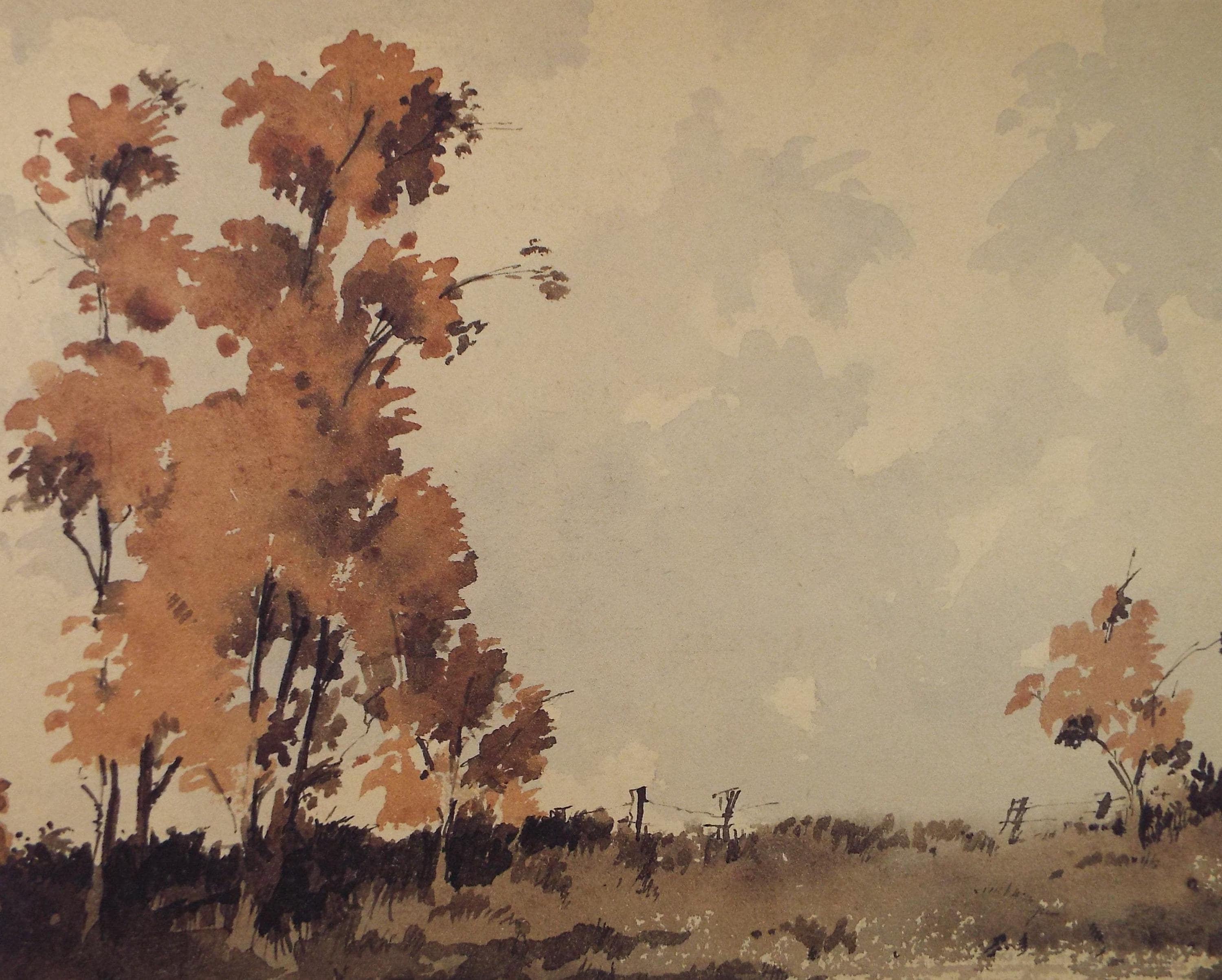 Original Sepia Watercolour, 'Landscape Study', Artist Unknown, circa 1950's