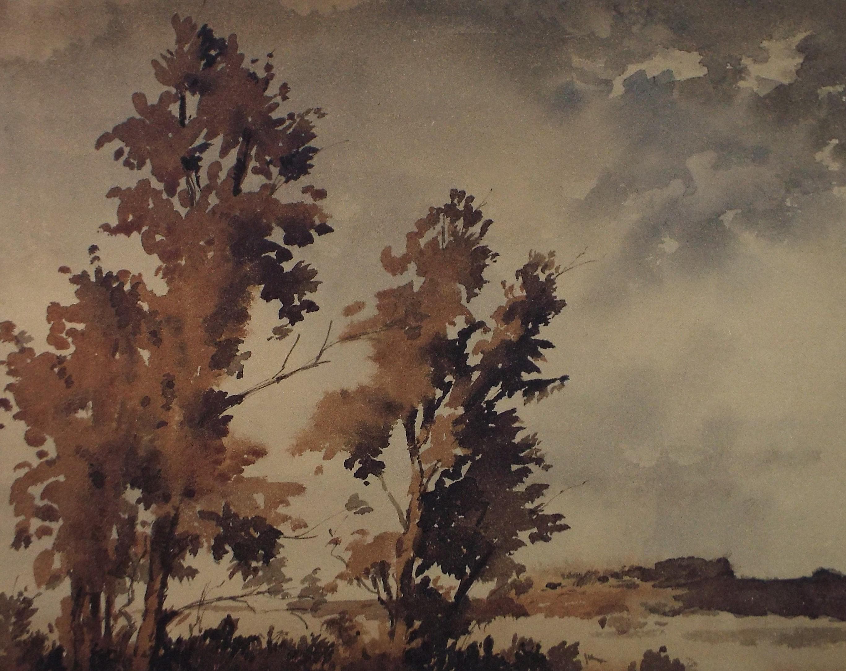 Original Sepia Watercolour, 'Landscape Study', Artist Unknown, circa 1950's