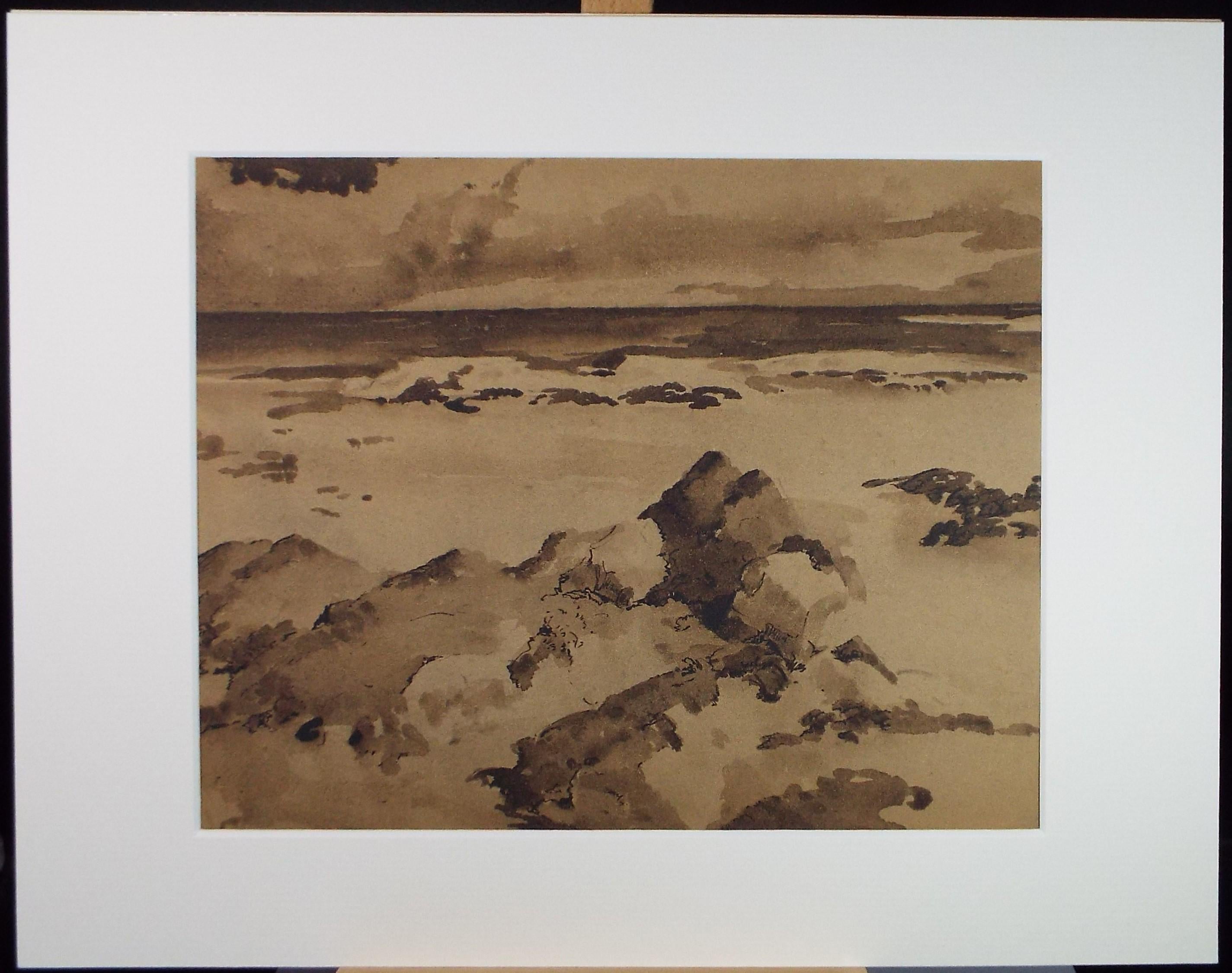 Original Sepia Watercolour, 'Coastal Study', Artist Unknown, circa 1950's