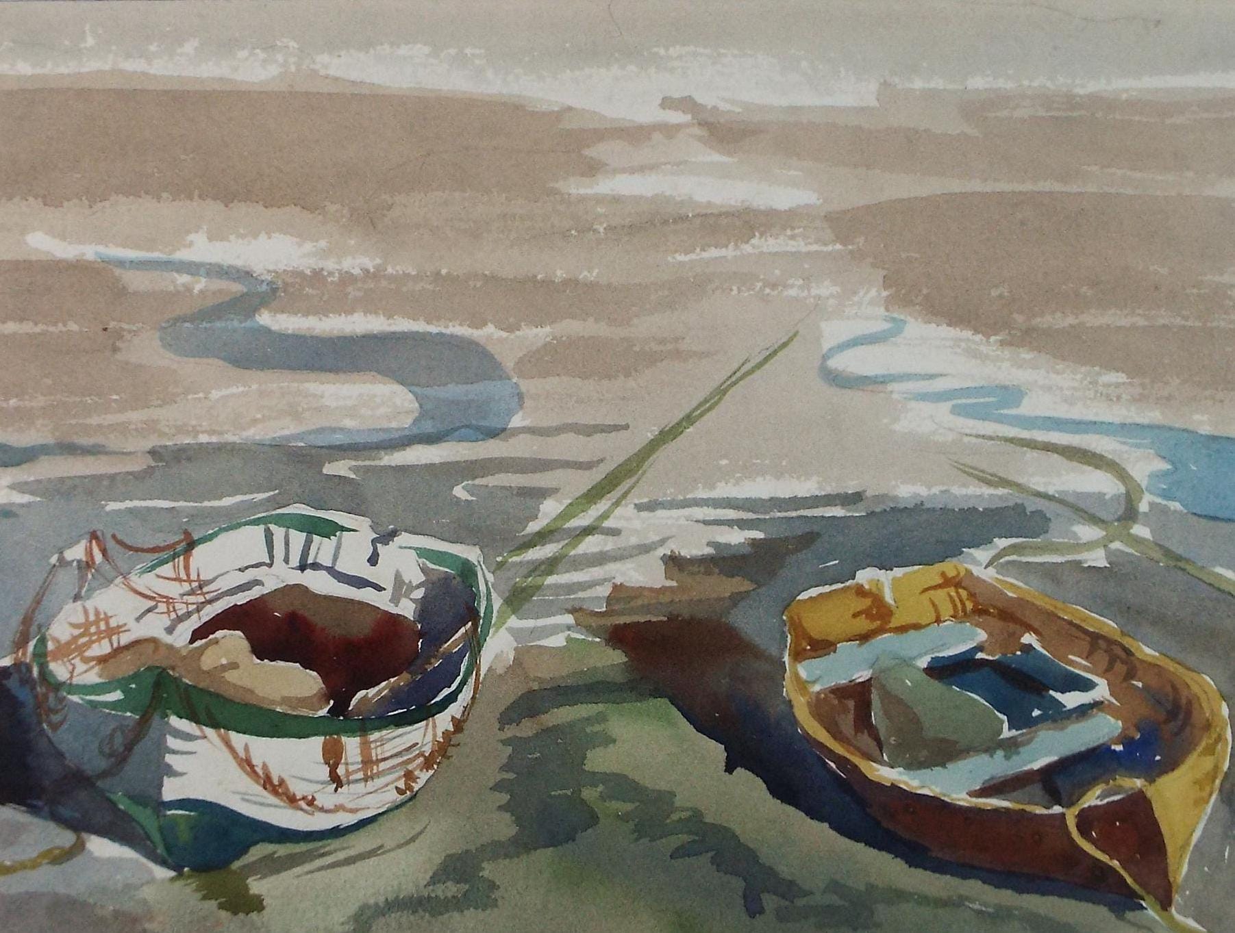 Original Watercolour, 'Boats on the Shore', unknown artist, circa 1950's