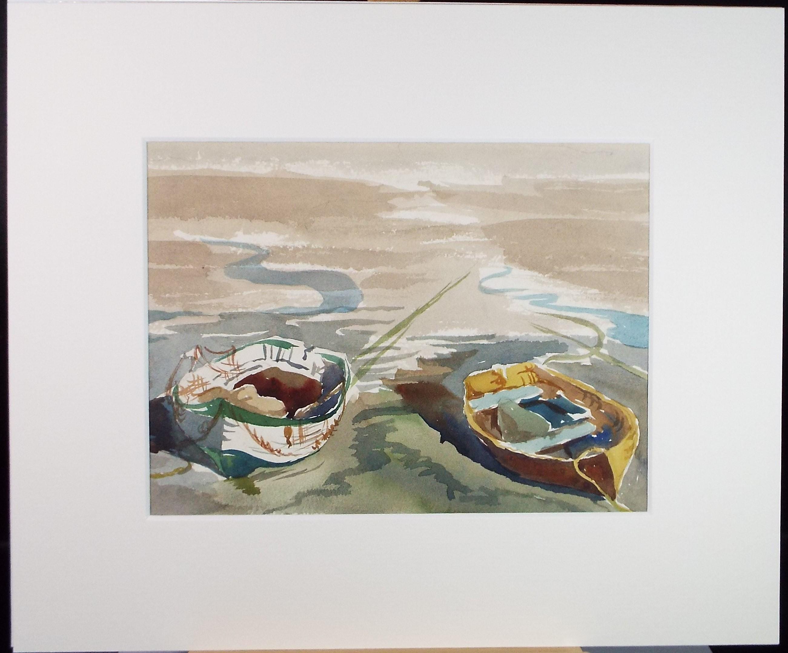 Original Watercolour, 'Boats on the Shore', unknown artist, circa 1950's