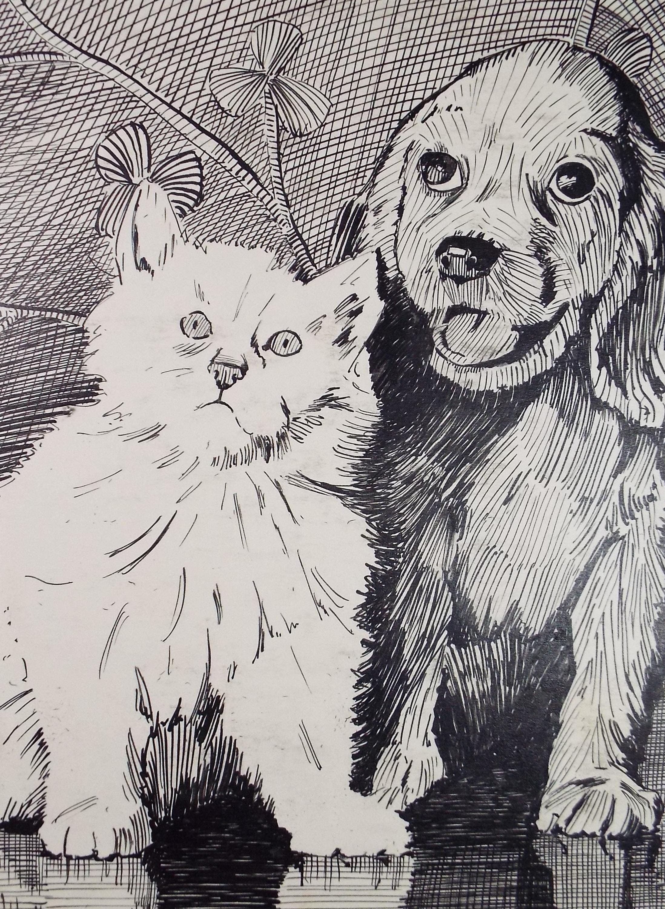 Original Pen & ink, 'Cat and Dog', unknown artist, circa 1950's