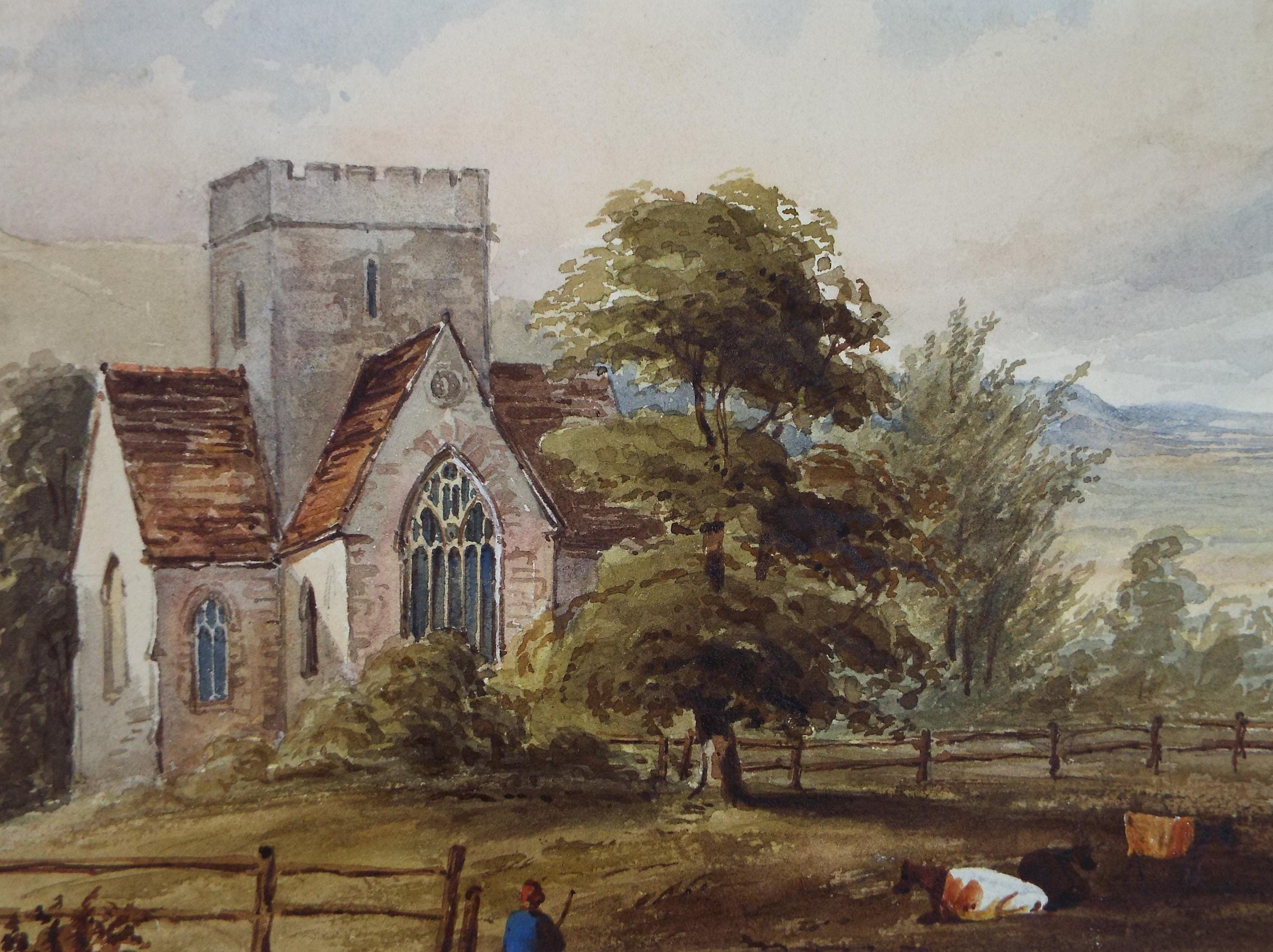 Original Watercolour, 'Church with Cattle & Figure', Late 19th Century, unknown artist