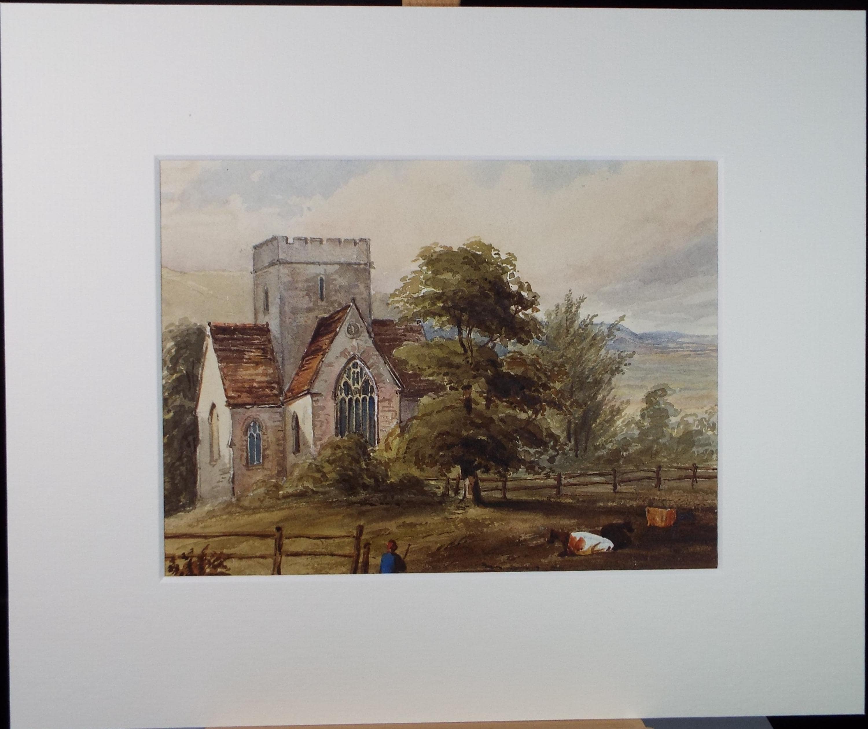 Original Watercolour, 'Church with Cattle & Figure', Late 19th Century, unknown artist