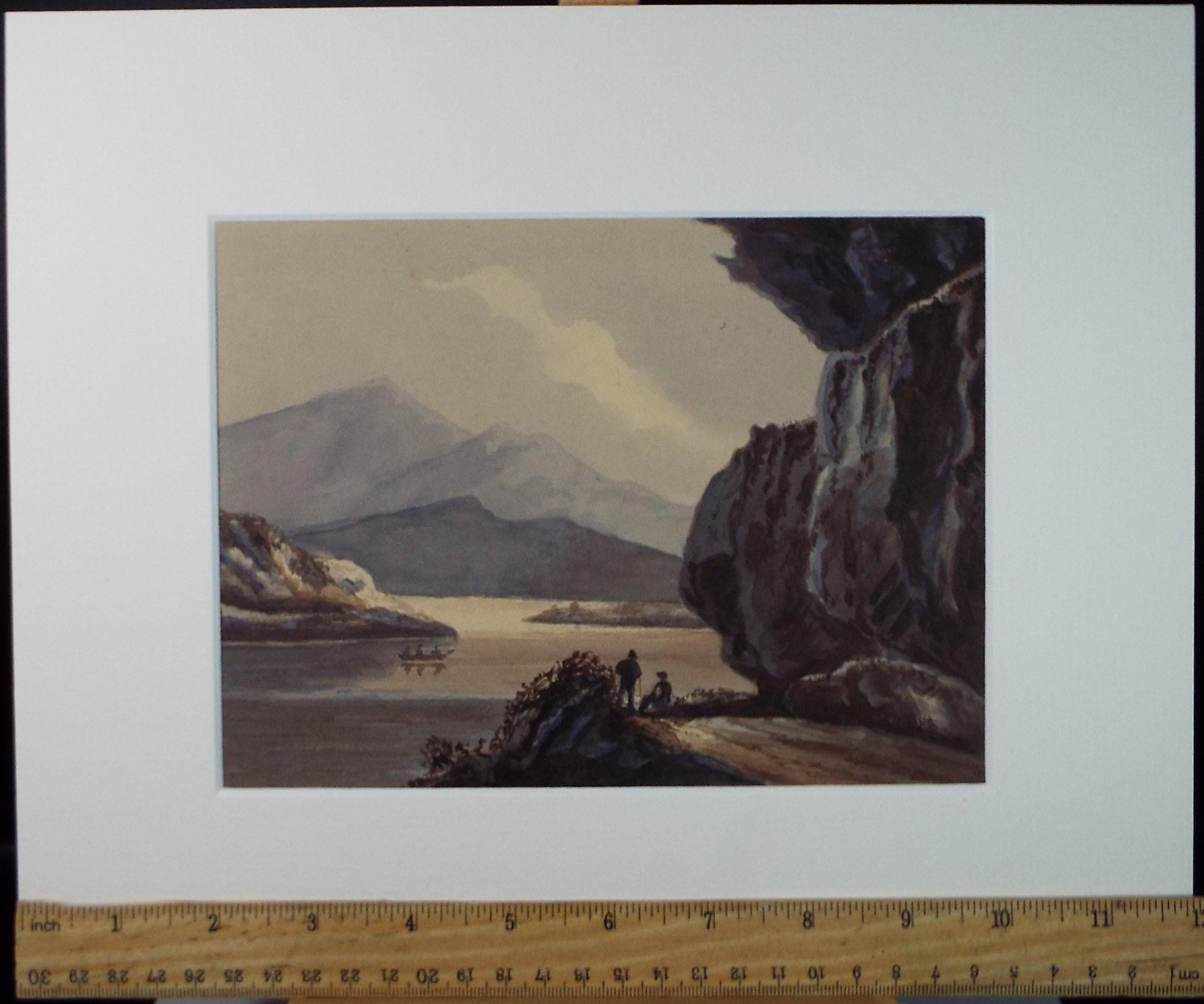 Original Watercolour,'Boats and Figures on a Lake', Mid 19th Century