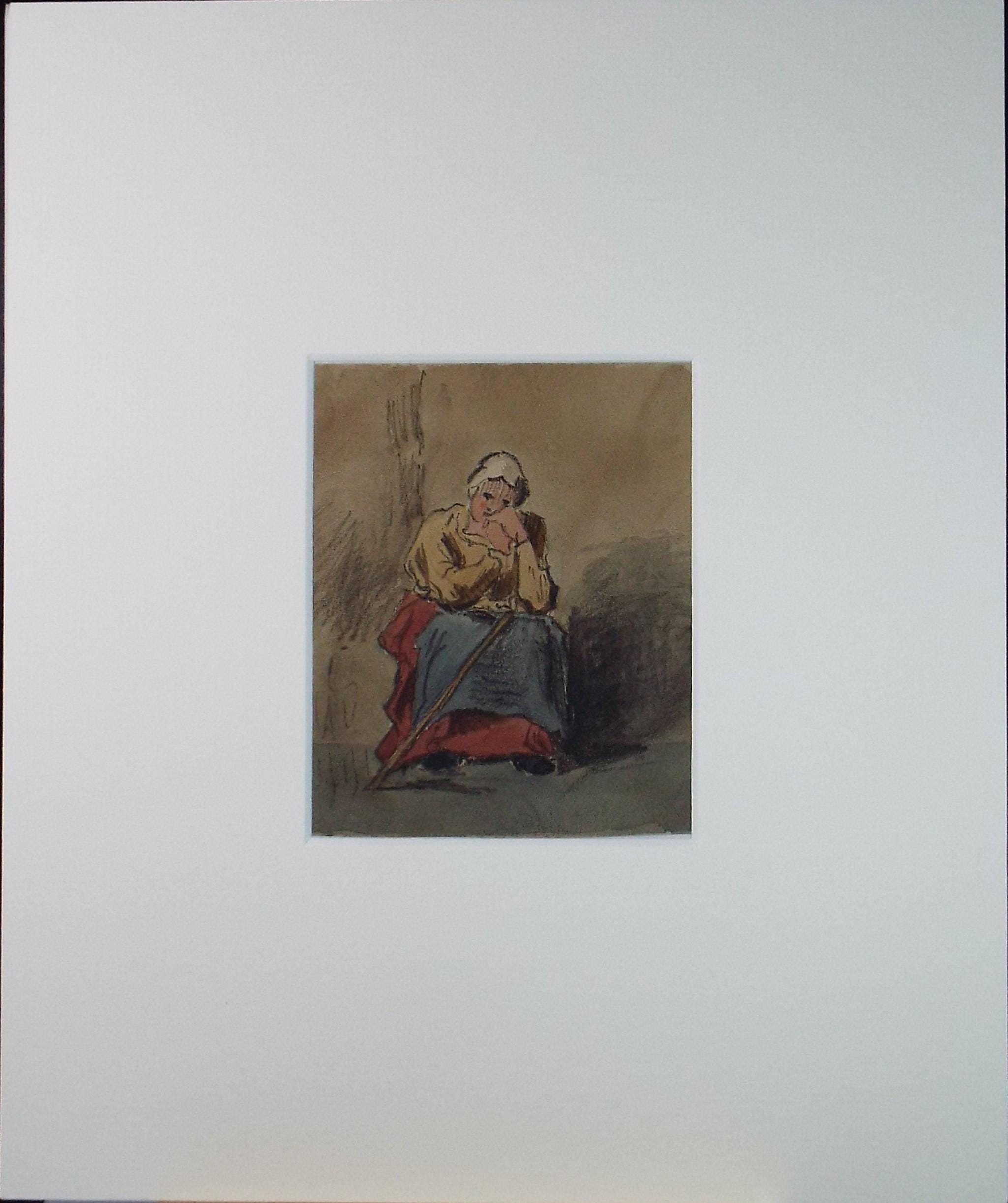 Original Watercolour,'Seated Woman', Mid 19th Century, unknown artist