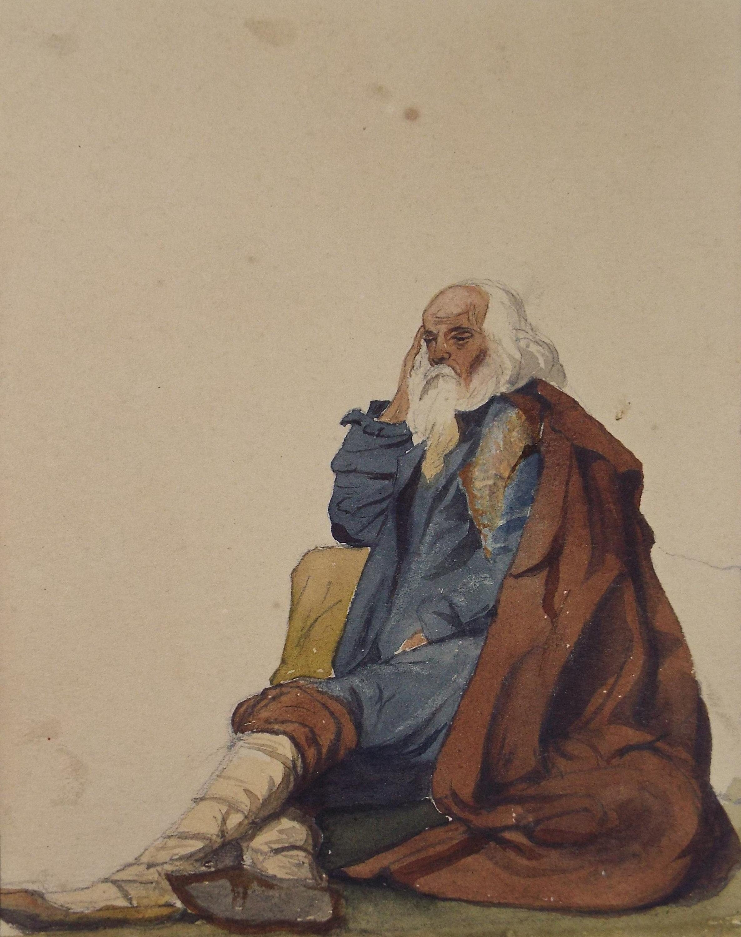 Original Watercolour,'Seated Man', Mid 19th Century, unknown artist