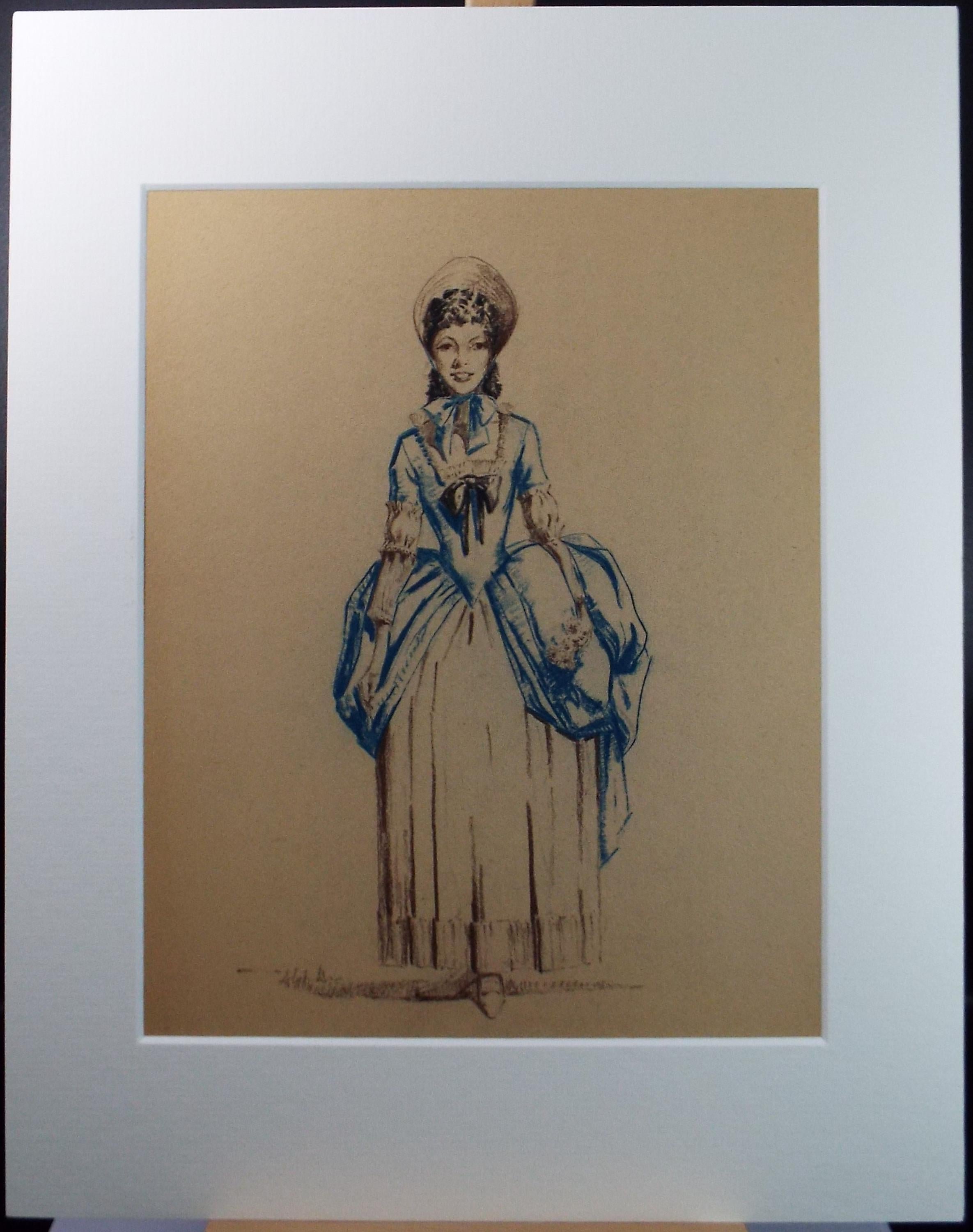 Original Pastel Drawing, 'Victorian Woman Study', Artist Unknown, Circa 1950's