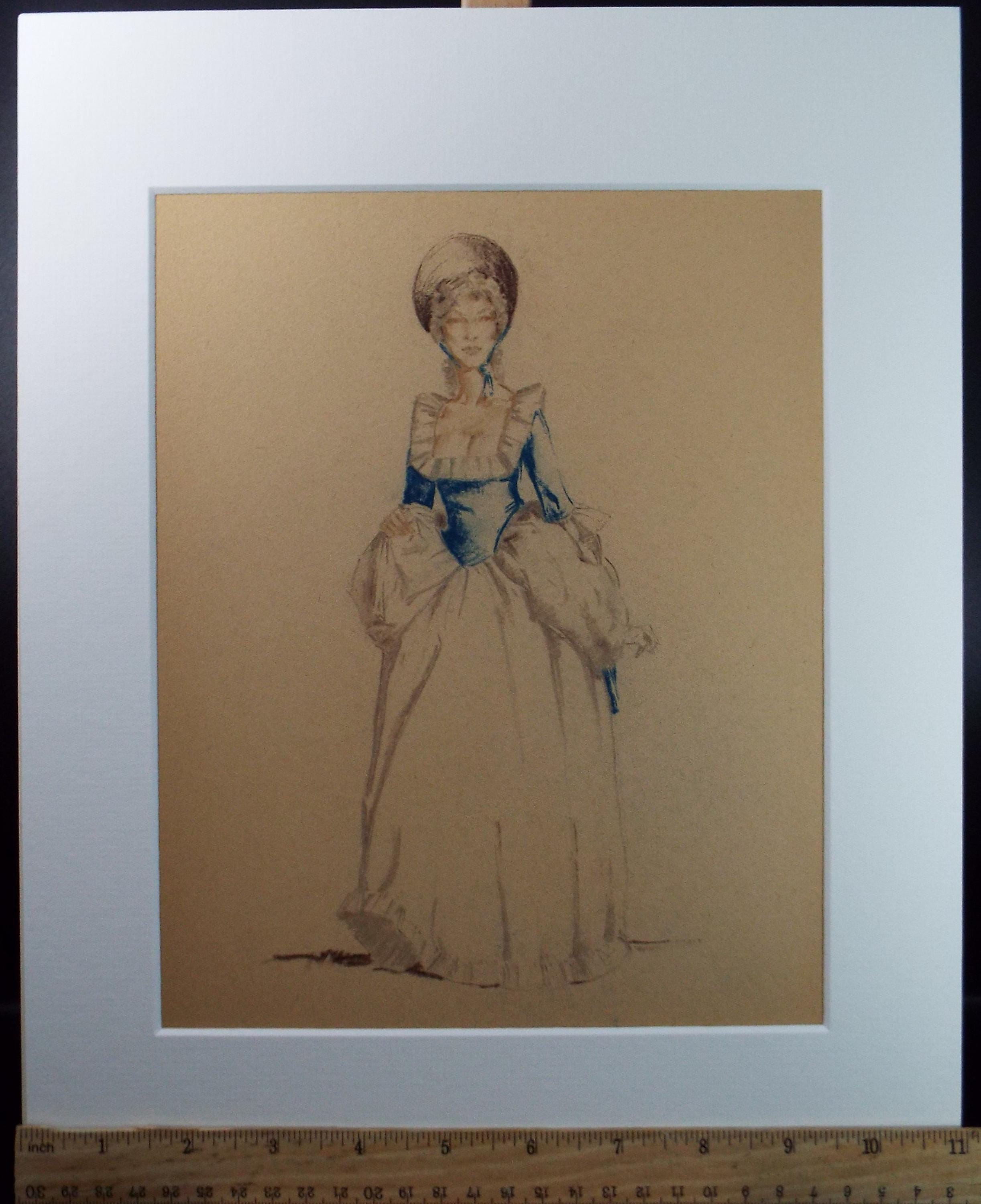 Original Pastel Drawing, 'Victorian Woman Study', Artist Unknown, Circa 1950's