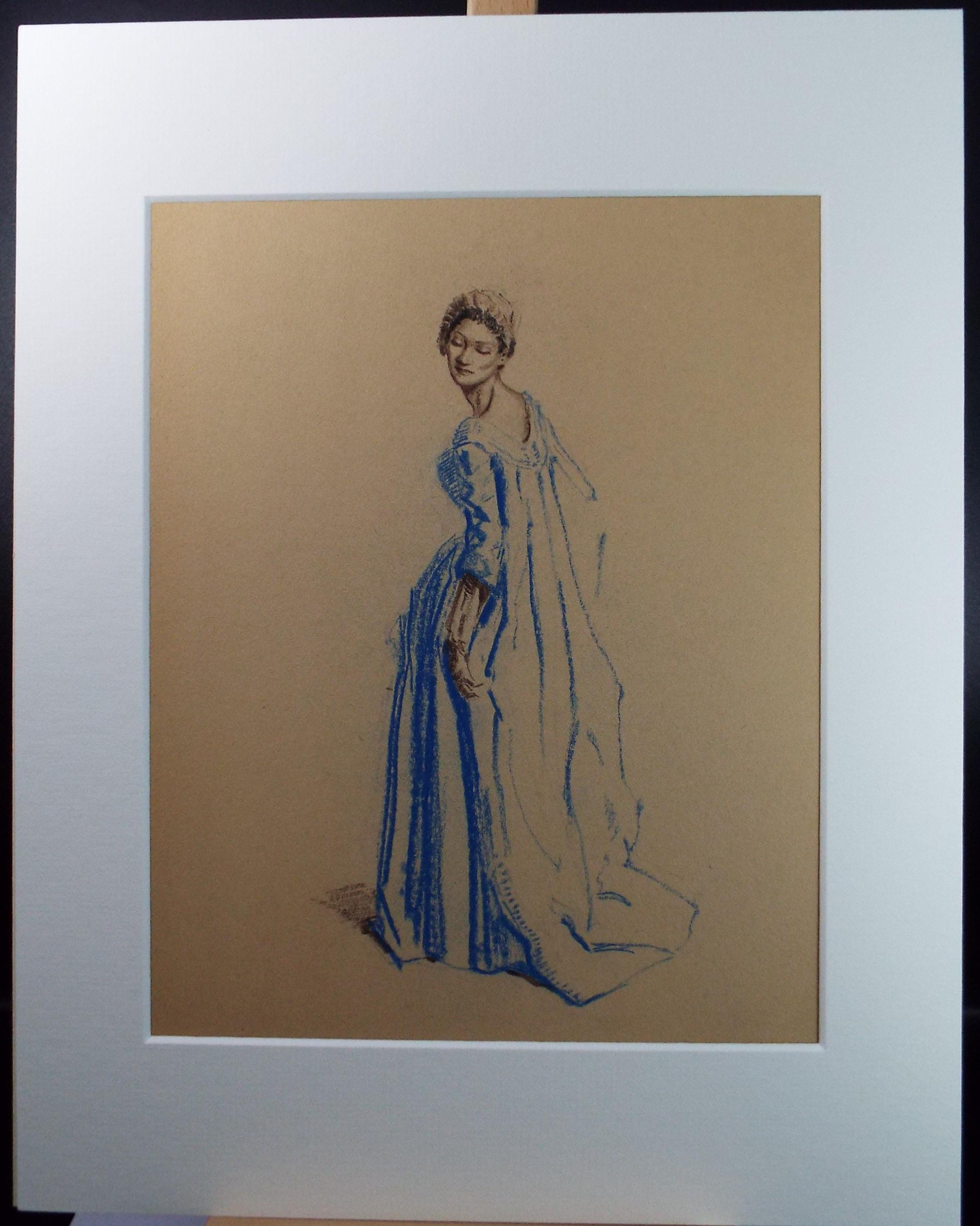 Original Pastel Drawing, 'Victorian Woman Study', Artist Unknown, Circa 1950's