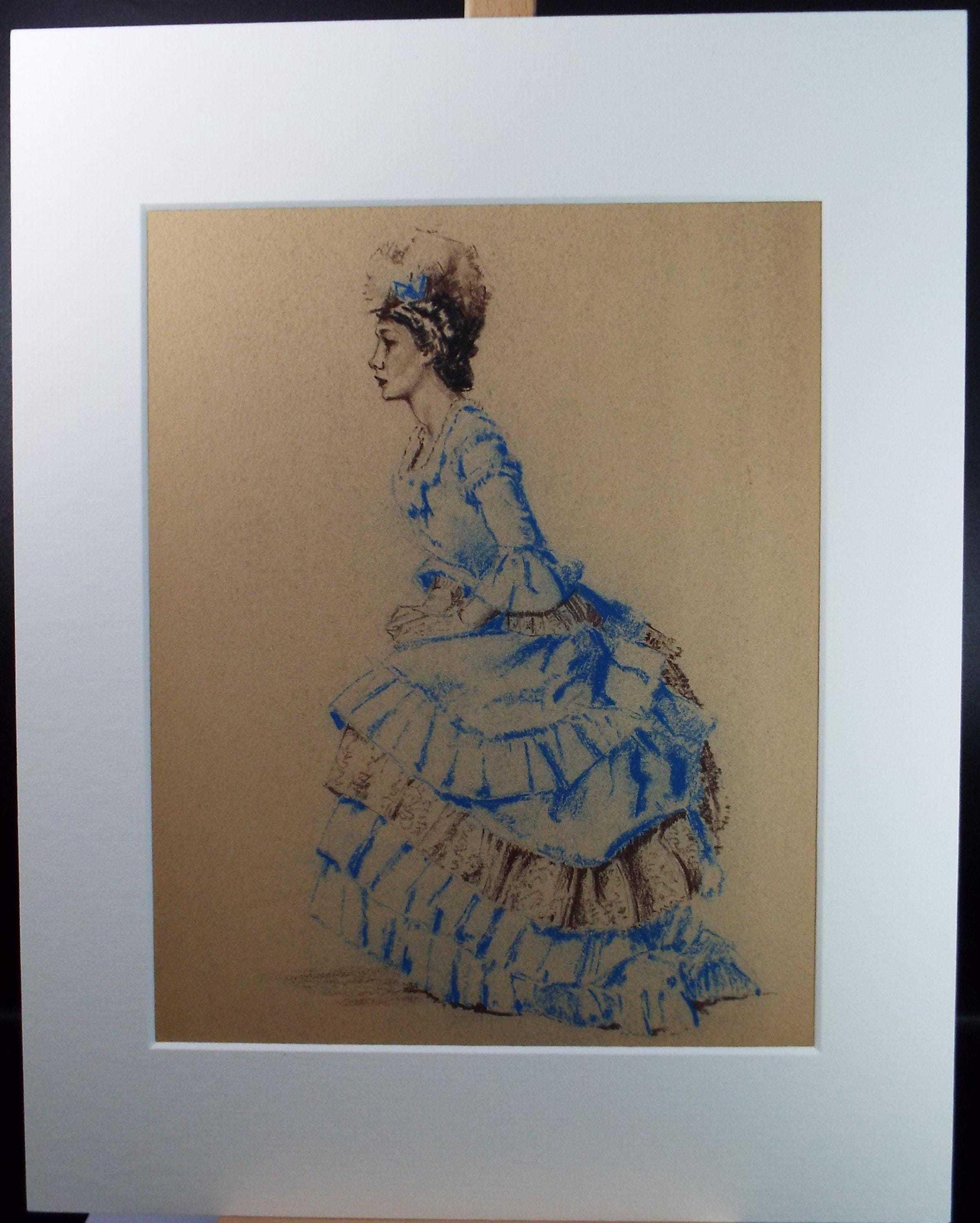 Original Pastel Drawing, 'Victorian Woman Study', Artist Unknown, Circa 1950's