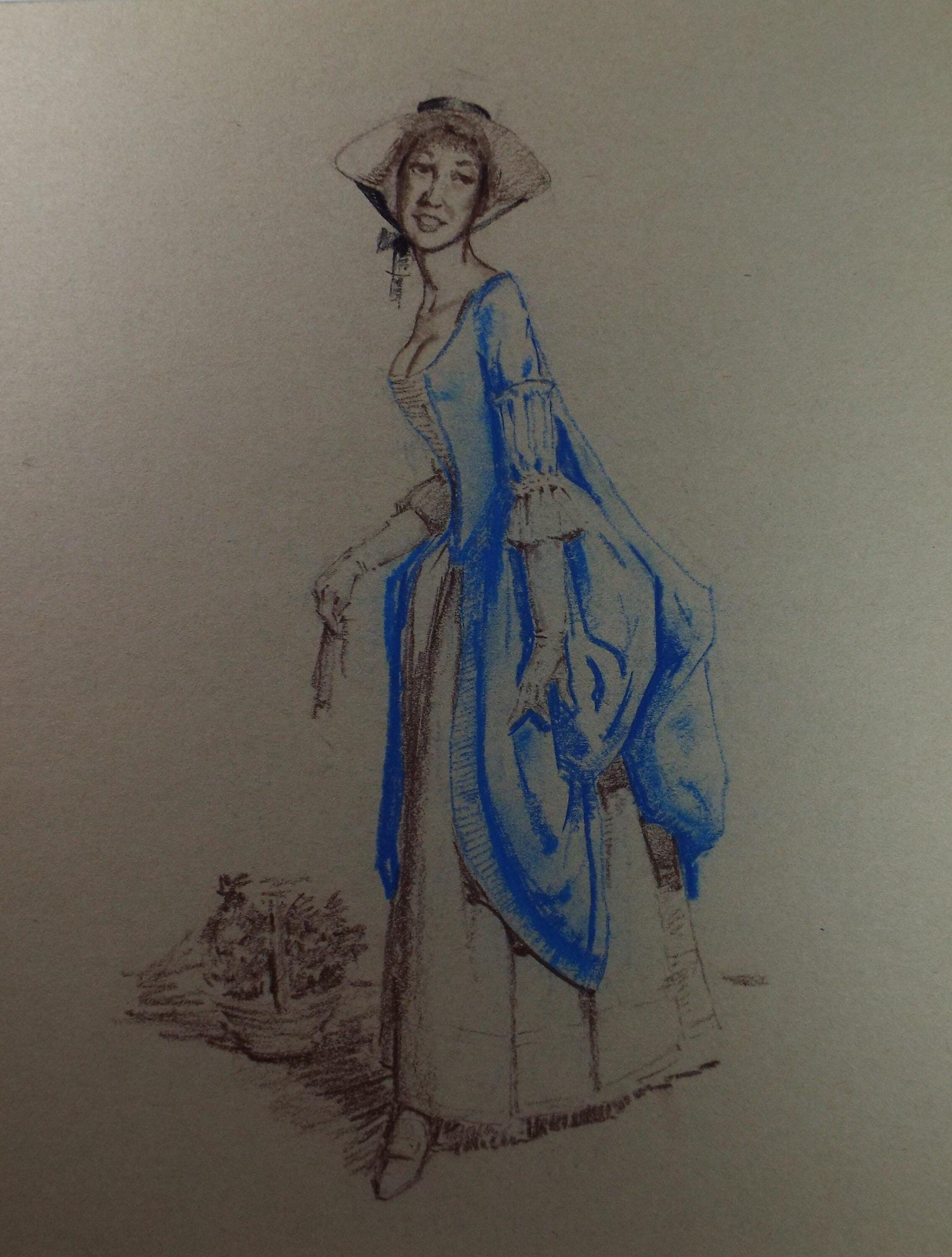 Original Pastel Drawing, 'Victorian Woman Study', Artist Unknown, Circa 1950's