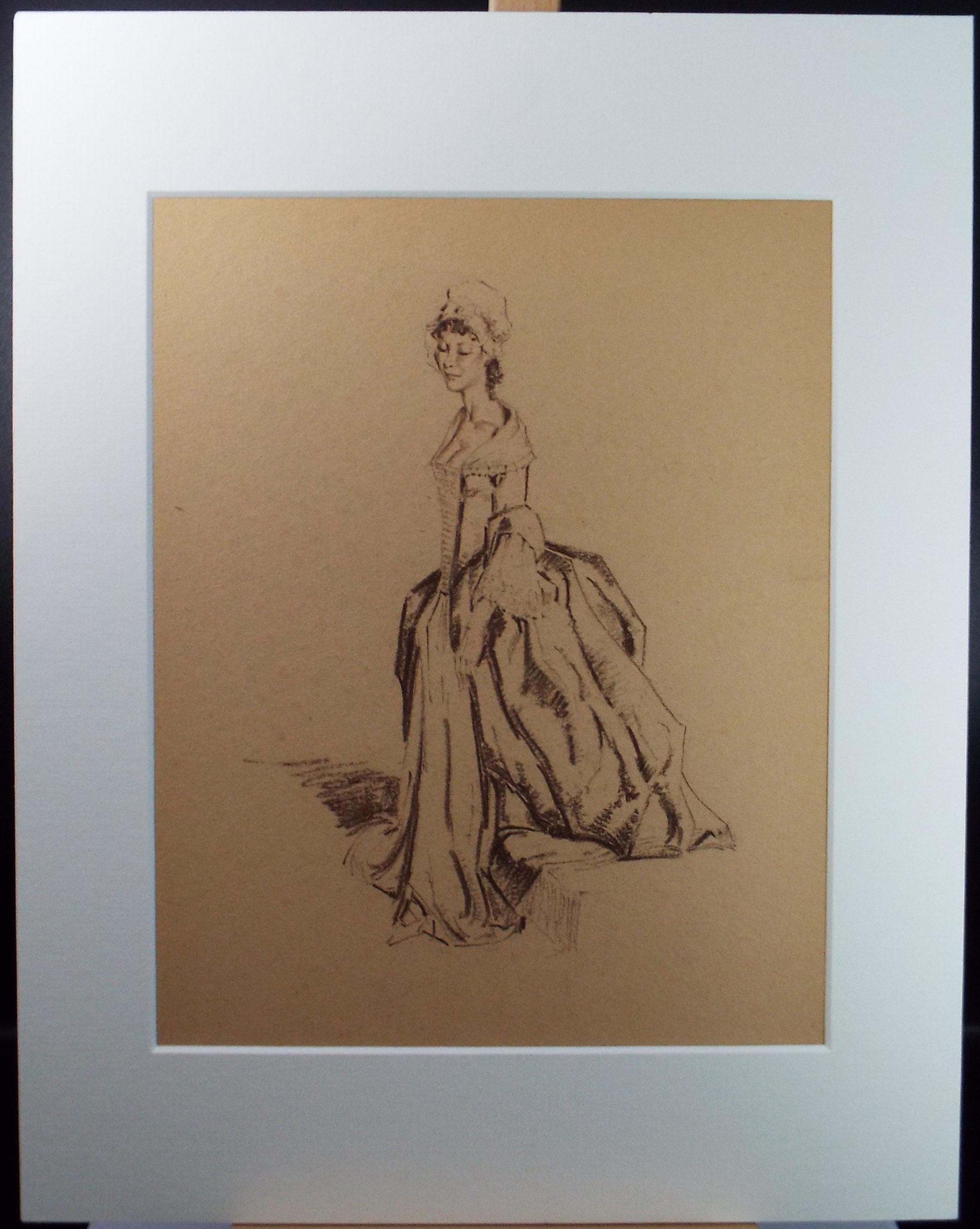 Original Pastel Drawing, 'Victorian Woman Study', Artist Unknown, Circa 1950's