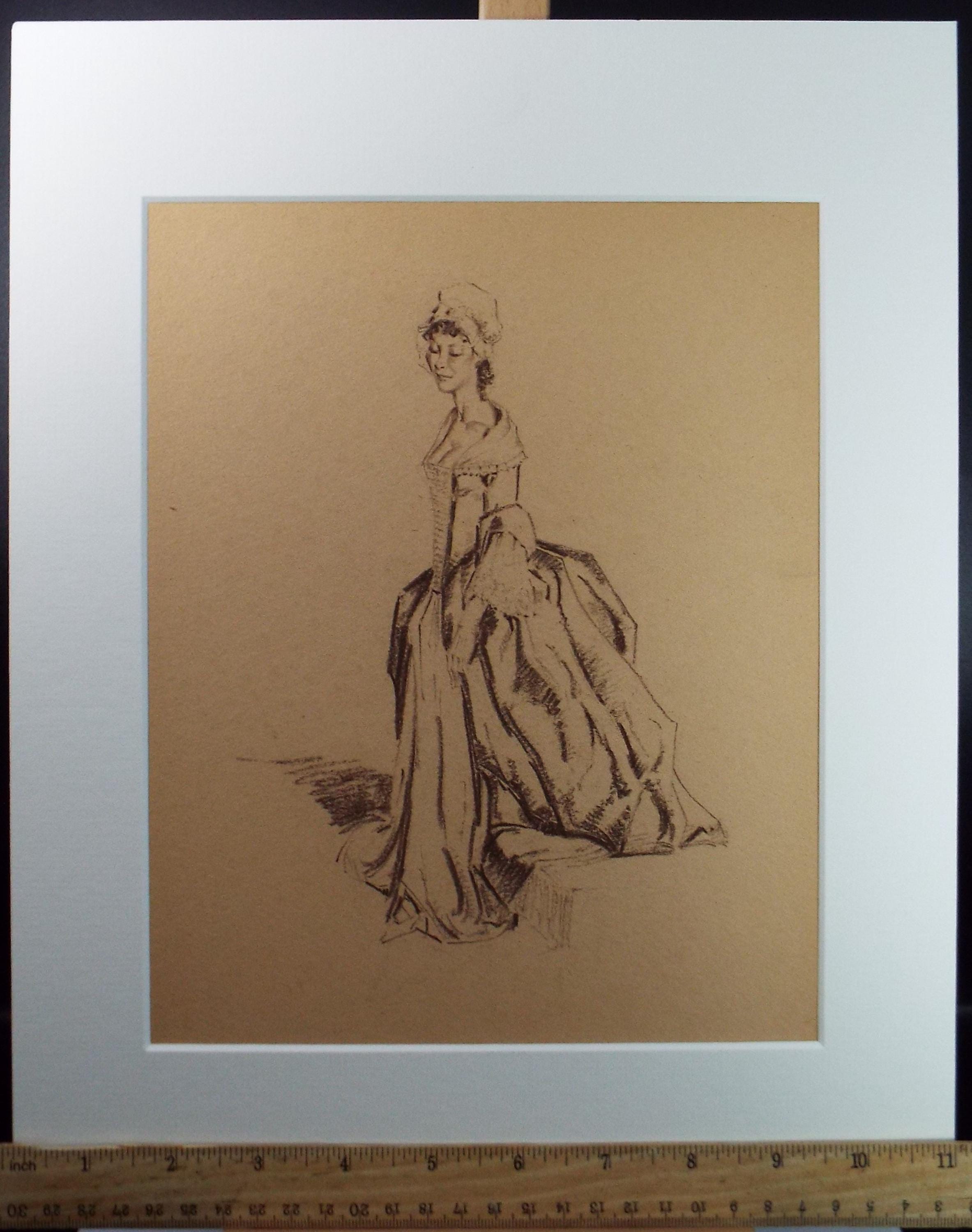 Original Pastel Drawing, 'Victorian Woman Study', Artist Unknown, Circa 1950's