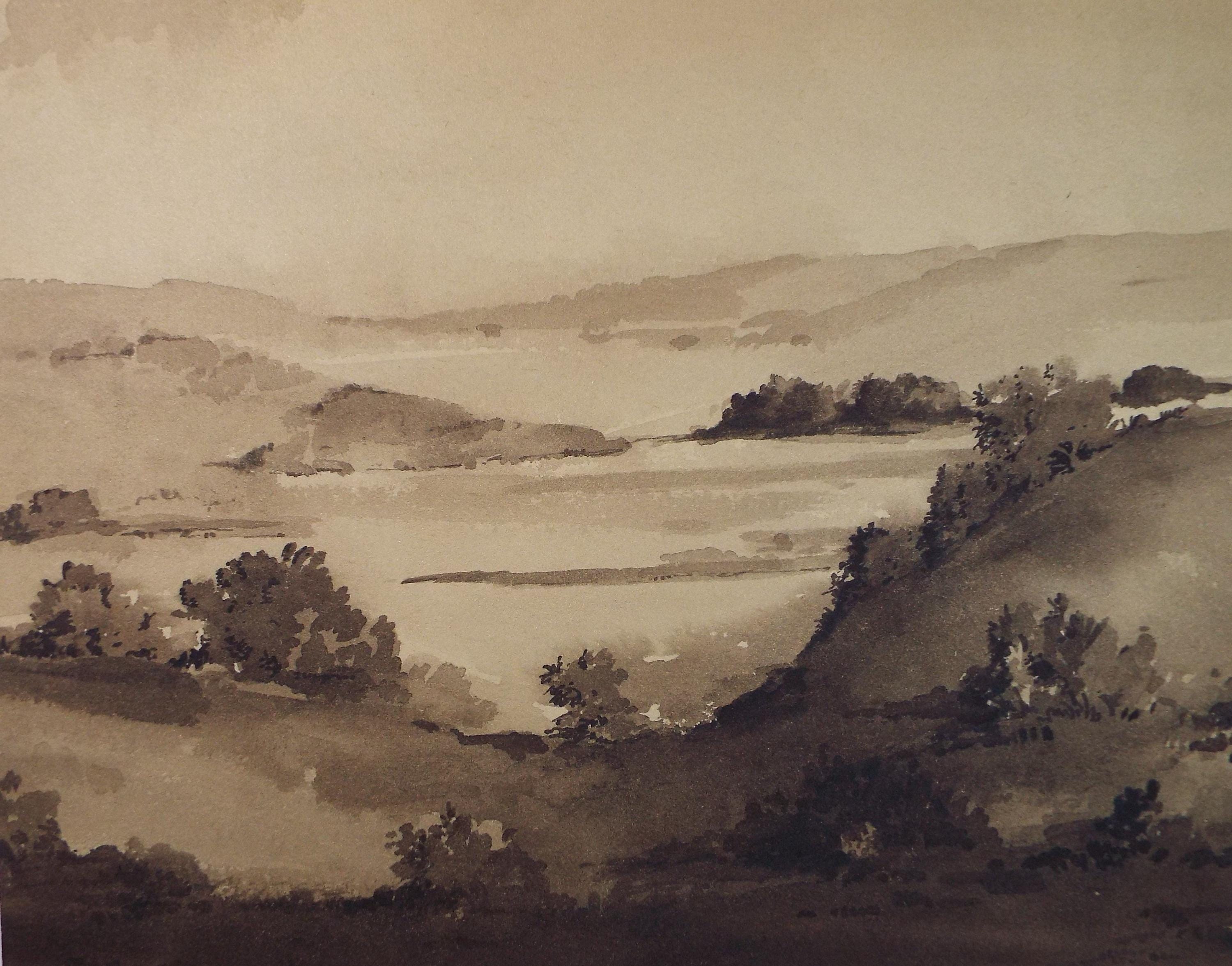 Original Sepia Watercolour, 'View From a Hill', Artist Unknown, circa 1950's