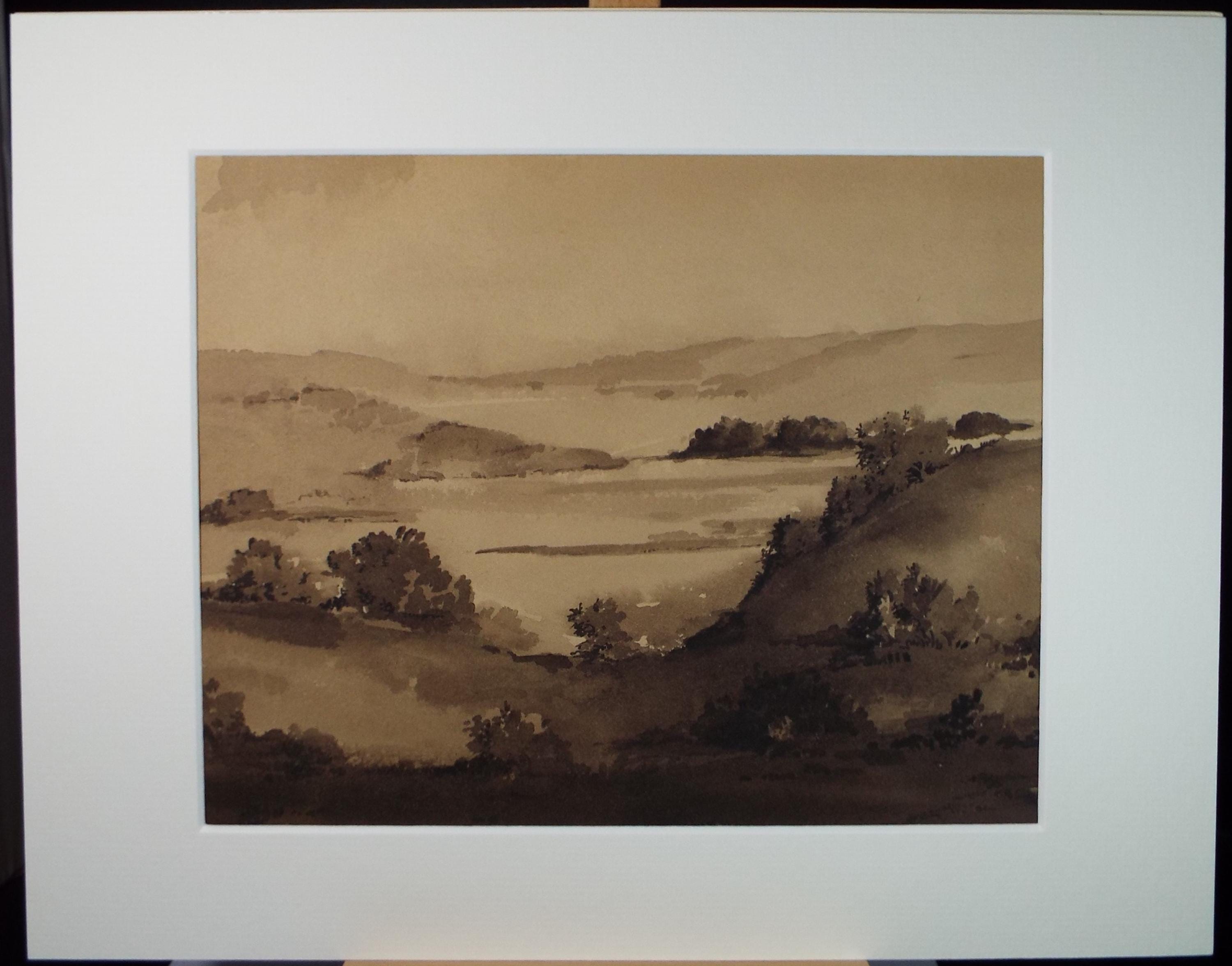 Original Sepia Watercolour, 'View From a Hill', Artist Unknown, circa 1950's