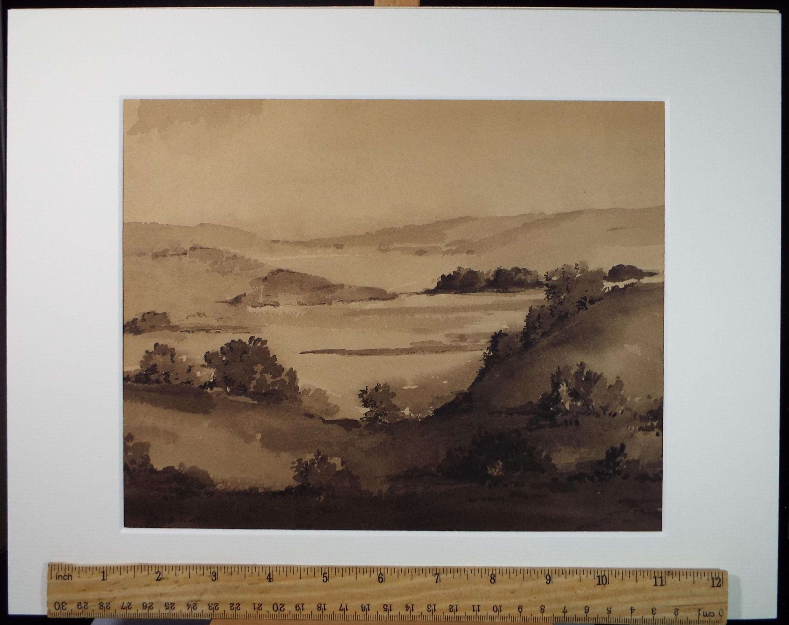 Original Sepia Watercolour, 'View From a Hill', Artist Unknown, circa 1950's