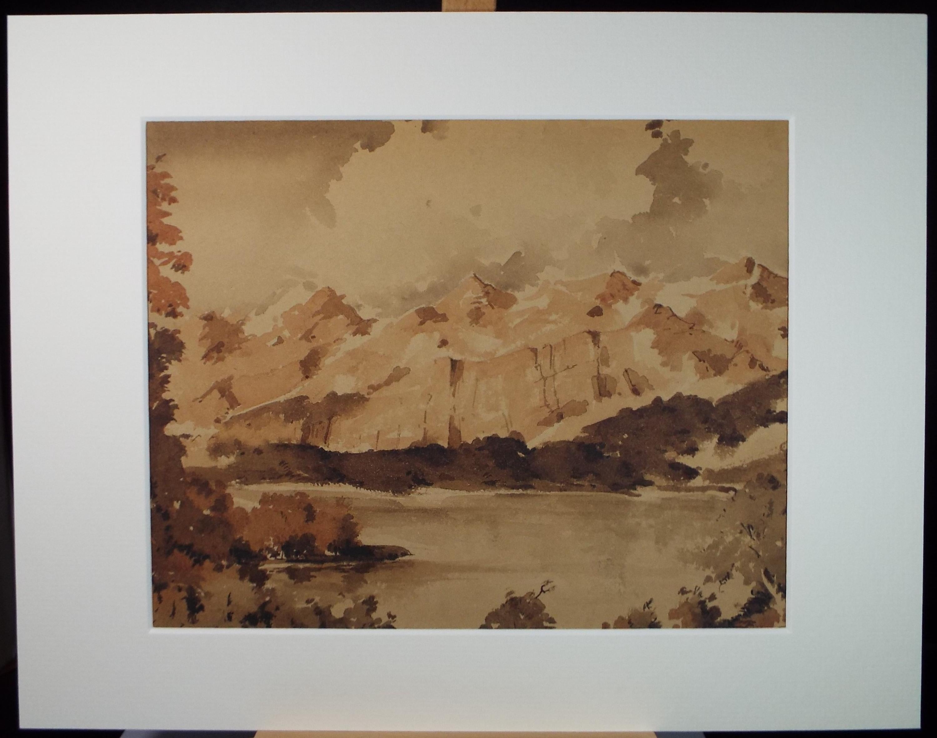 Original Sepia Watercolour, 'Mountainous Landscape', Artist Unknown, circa 1950's