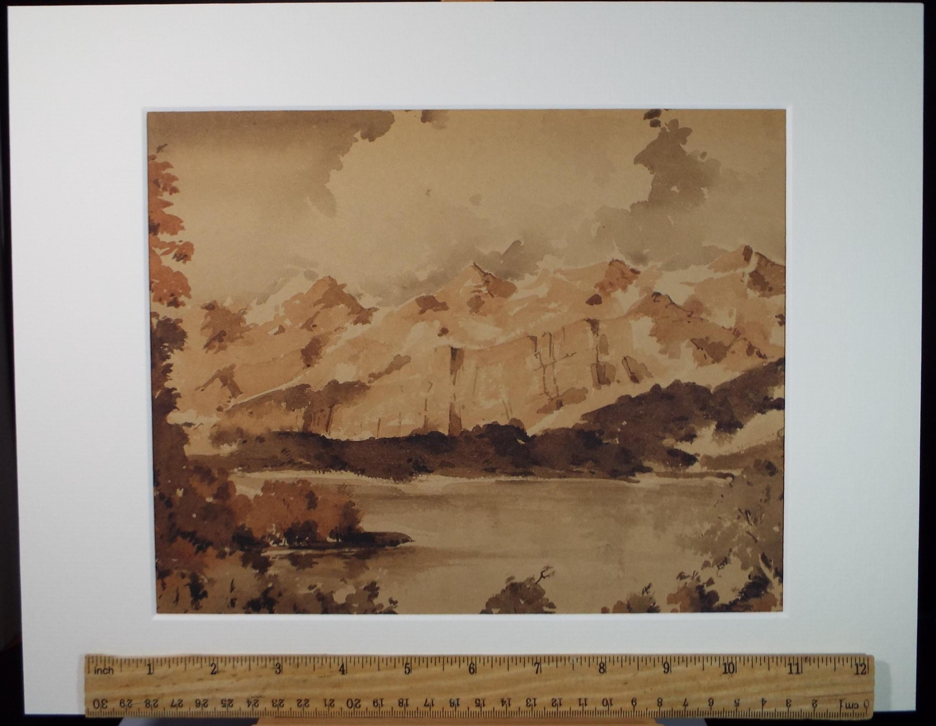 Original Sepia Watercolour, 'Mountainous Landscape', Artist Unknown, circa 1950's