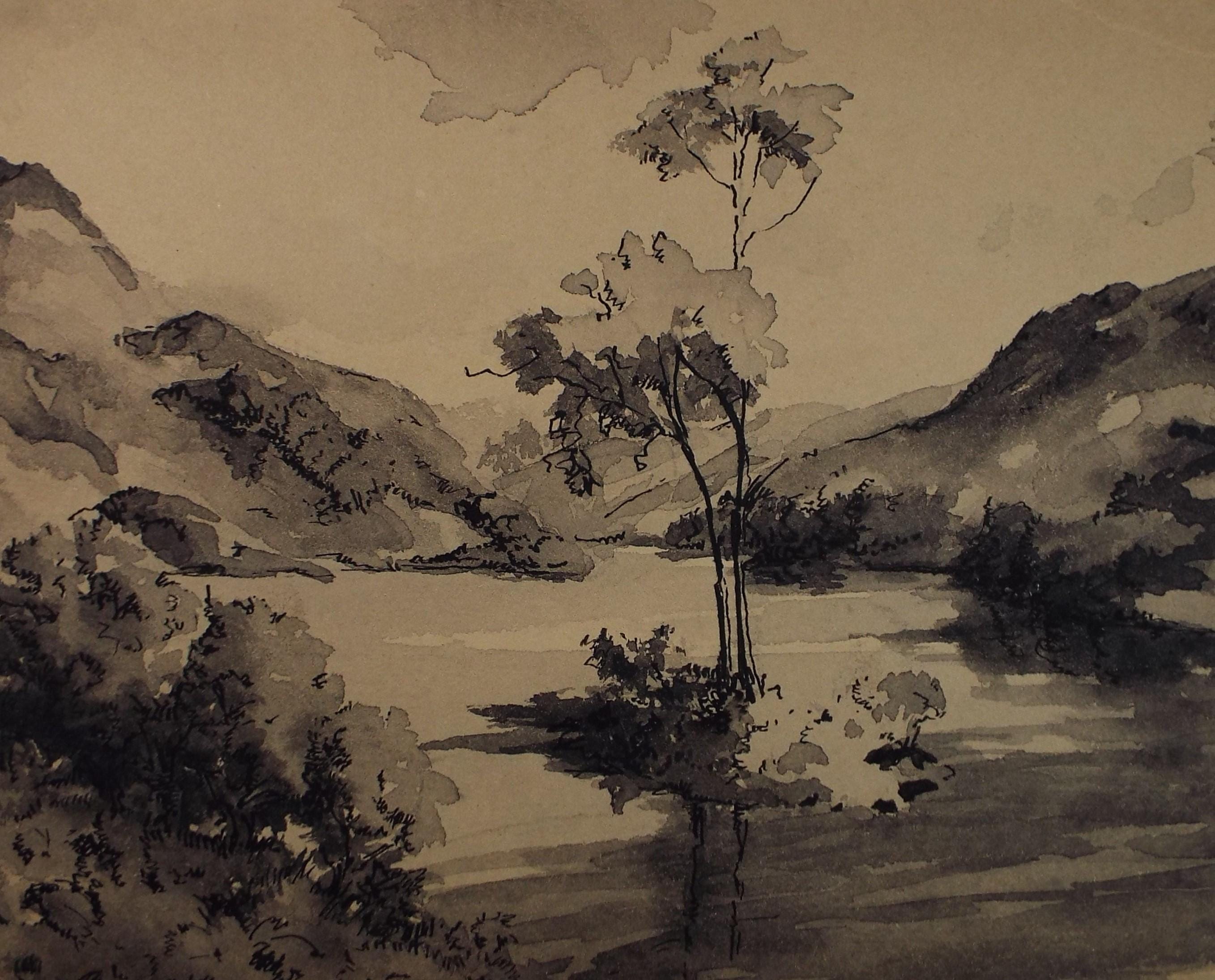 Original Sepia Watercolour, 'Lakeland Landscape', Artist Unknown, circa 1950's