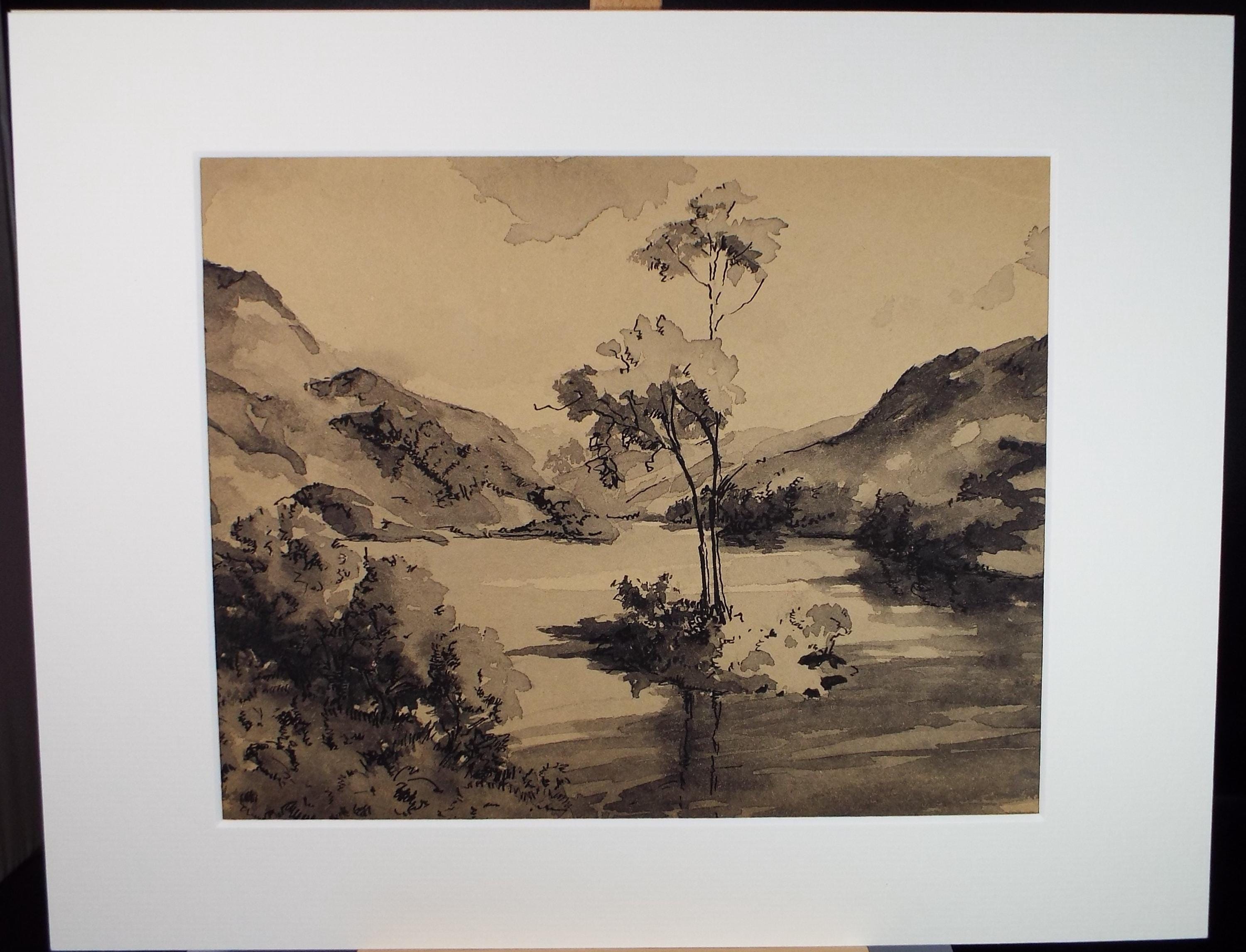 Original Sepia Watercolour, 'Lakeland Landscape', Artist Unknown, circa 1950's