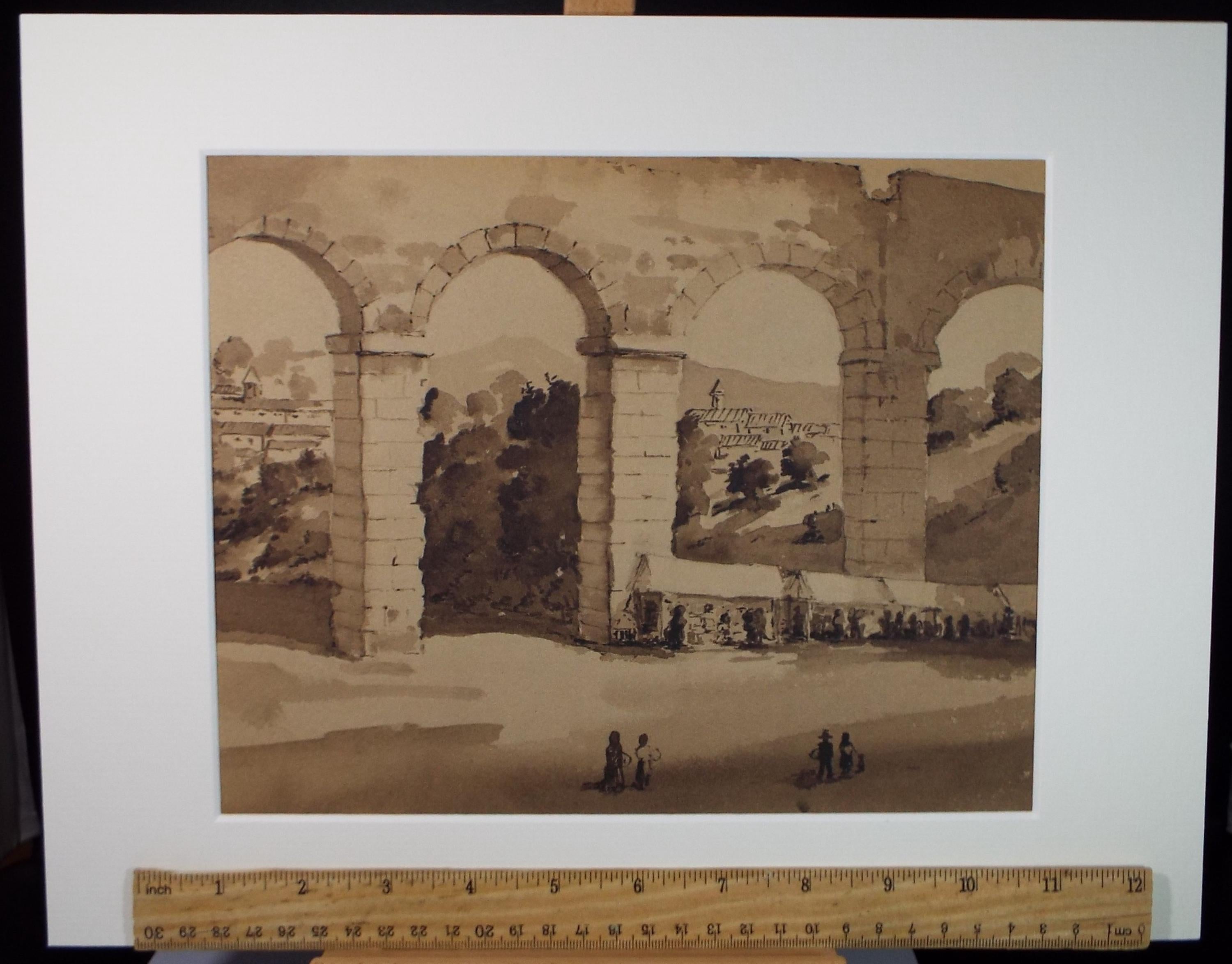 Original Sepia Watercolour, 'Figures Below a Viaduct', Artist Unknown, circa 1950's