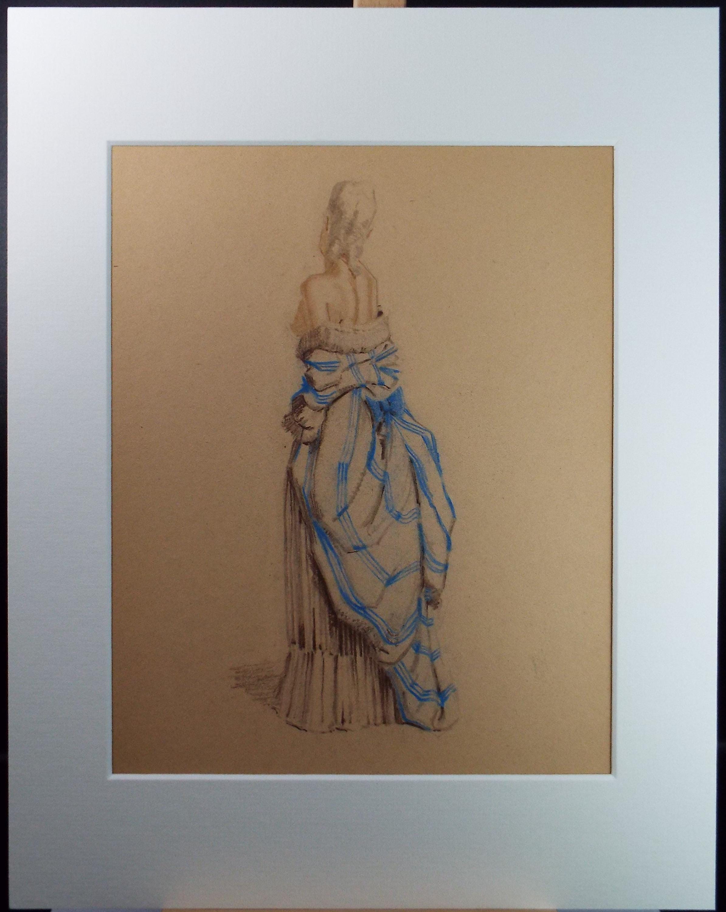 Original Pastel Drawing, 'Victorian Woman Study', Artist Unknown, Circa 1950's