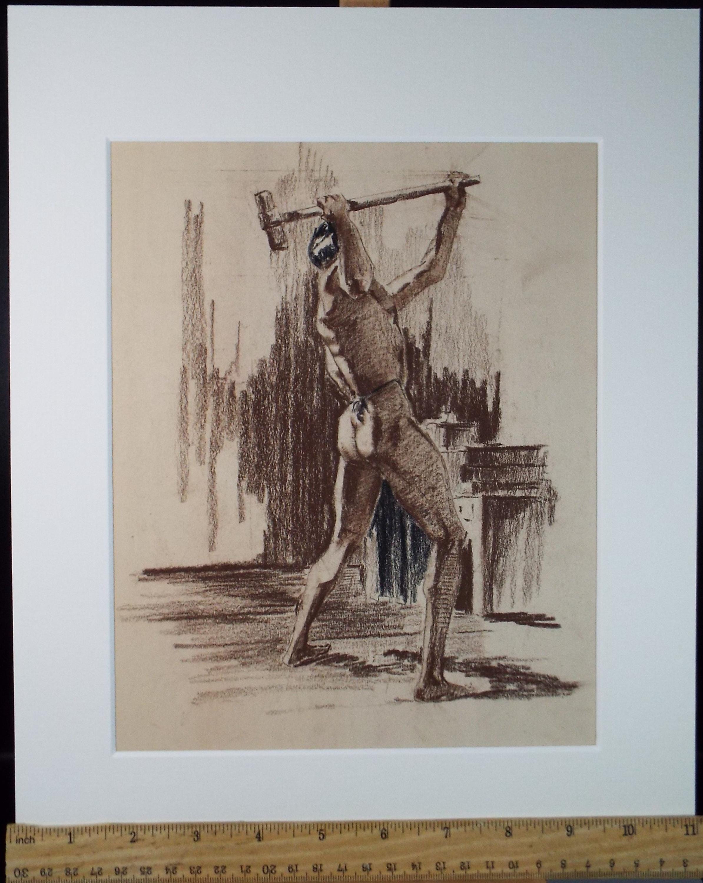 Original Pastel Drawing, 'Male Figure with Sledgehammer', Artist Unknown, Circa 1950's