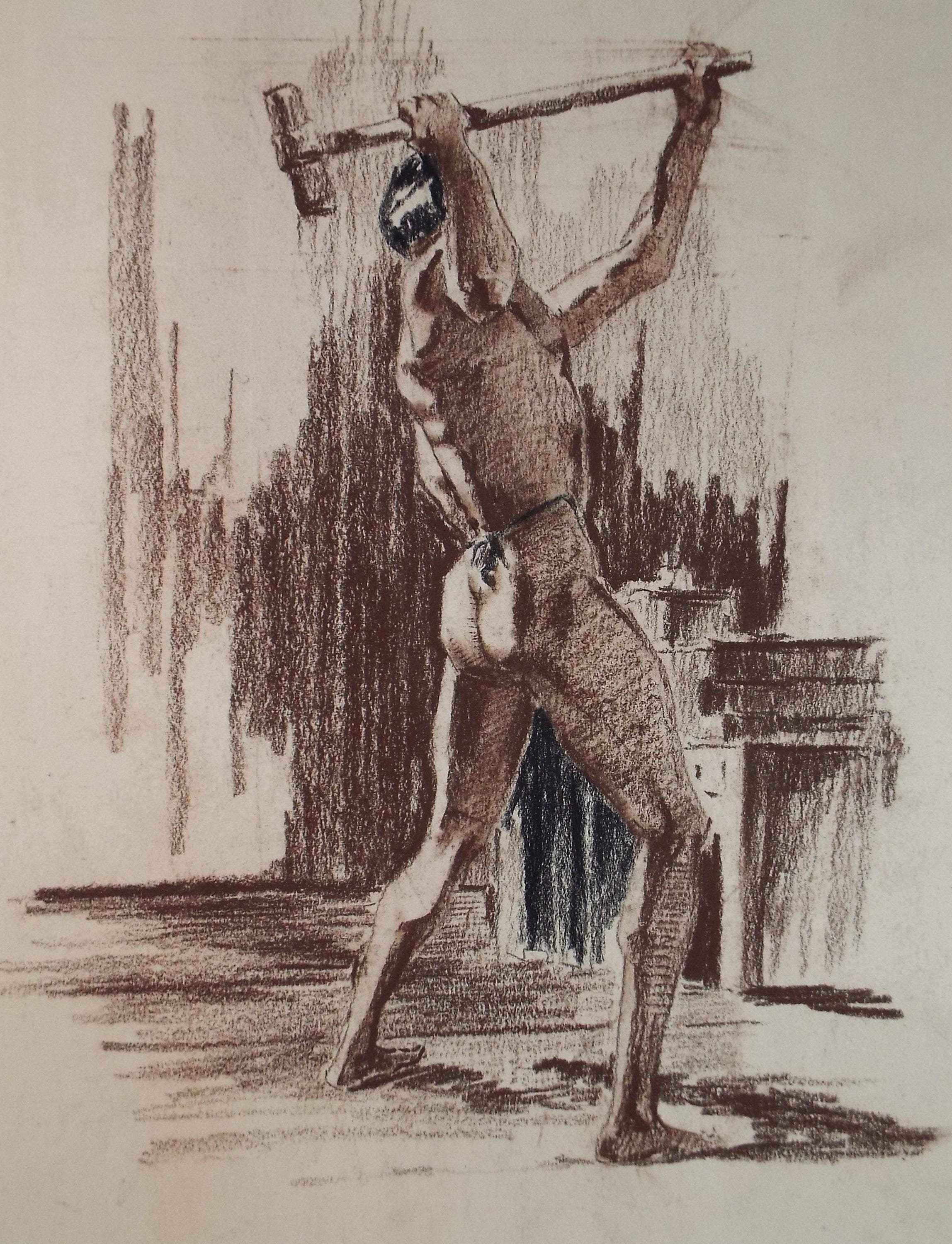 Original Pastel Drawing, 'Male Figure with Sledgehammer', Artist Unknown, Circa 1950's