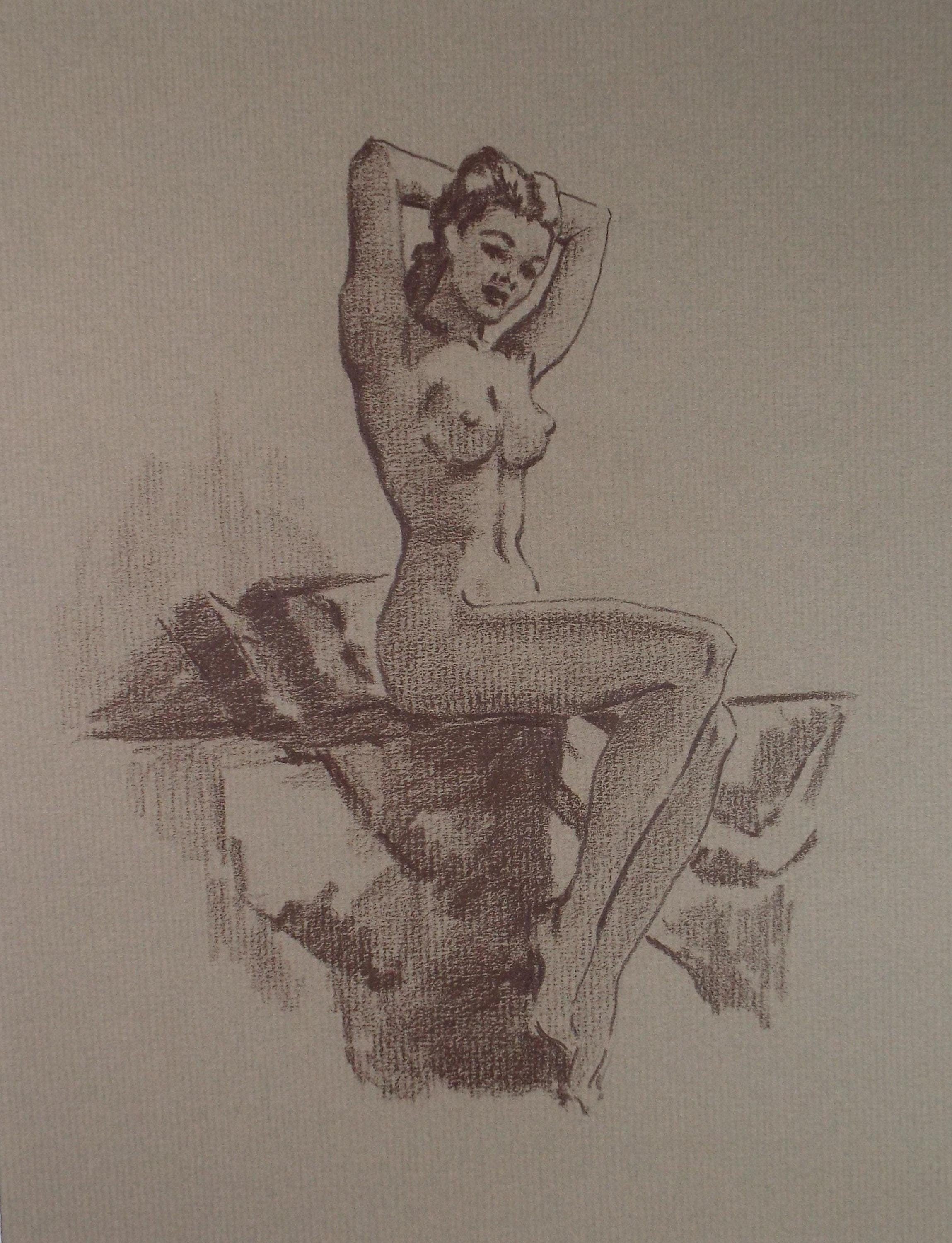 Original Pastel Drawing, 'Seated Nude', Artist Unknown, Circa 1950's