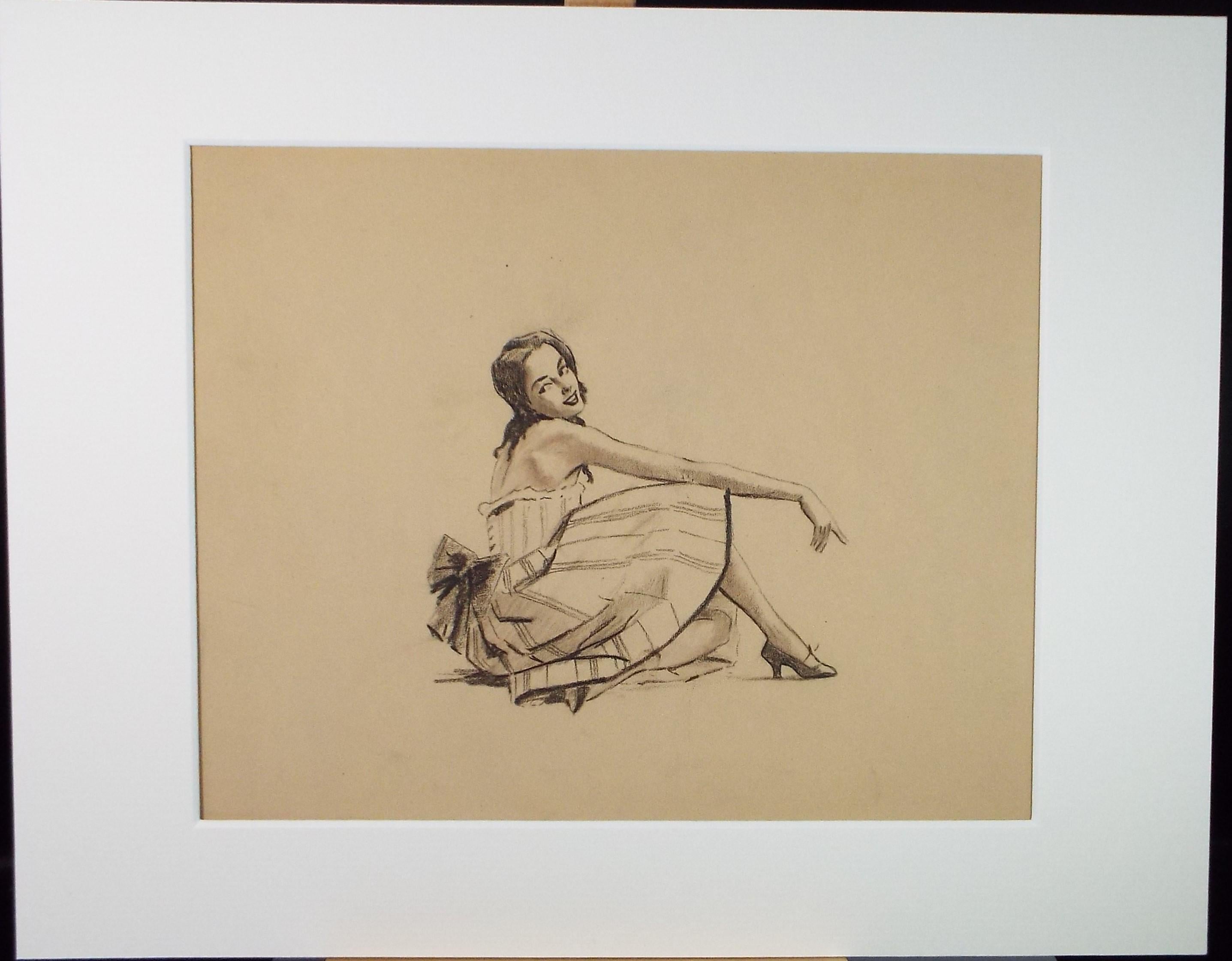 Original Pastel Drawing, 'Seated woman', Artist Unknown, Circa 1950's