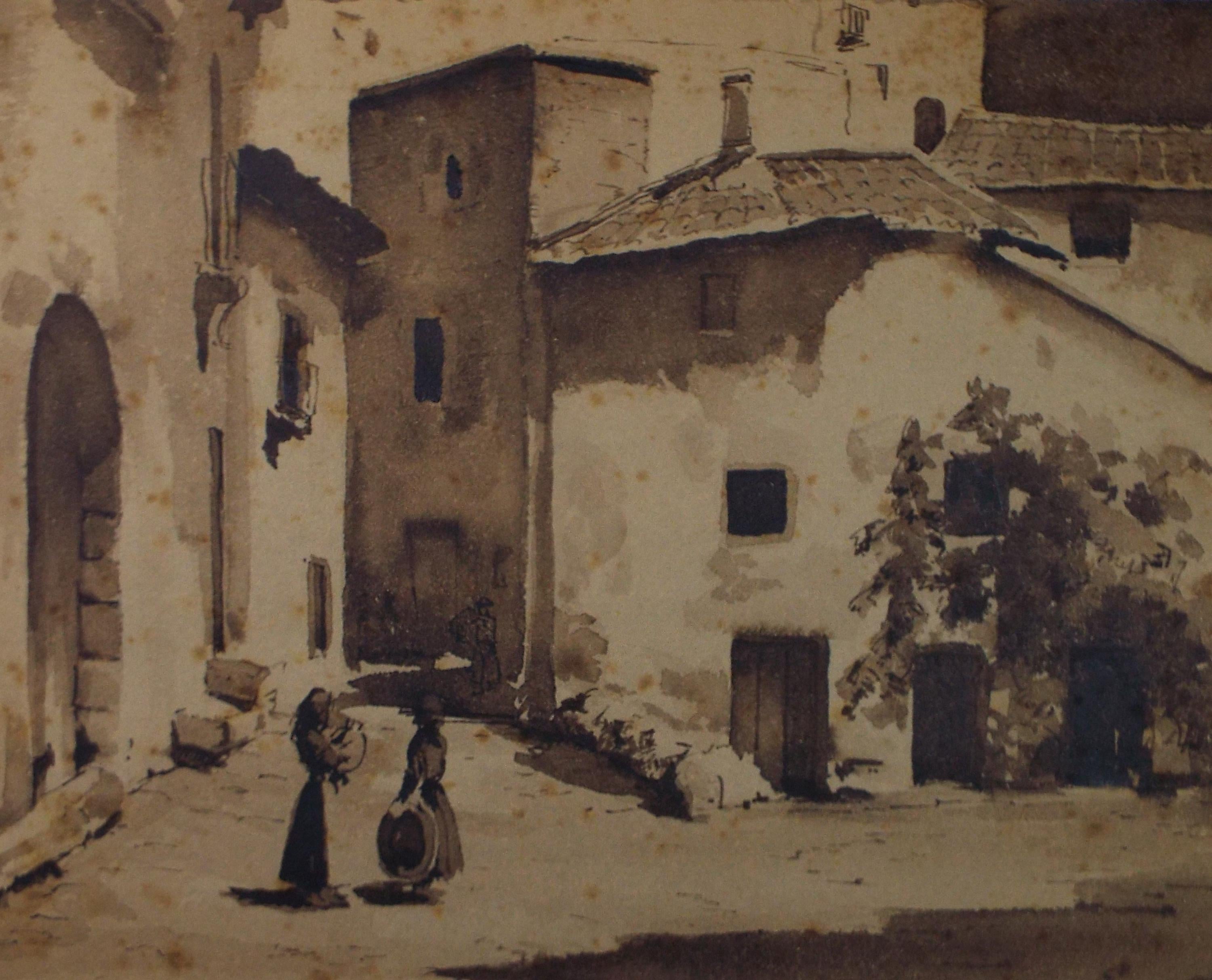 Original Sepia Watercolour, 'Village with Figures', Artist Unknown, circa 1950's