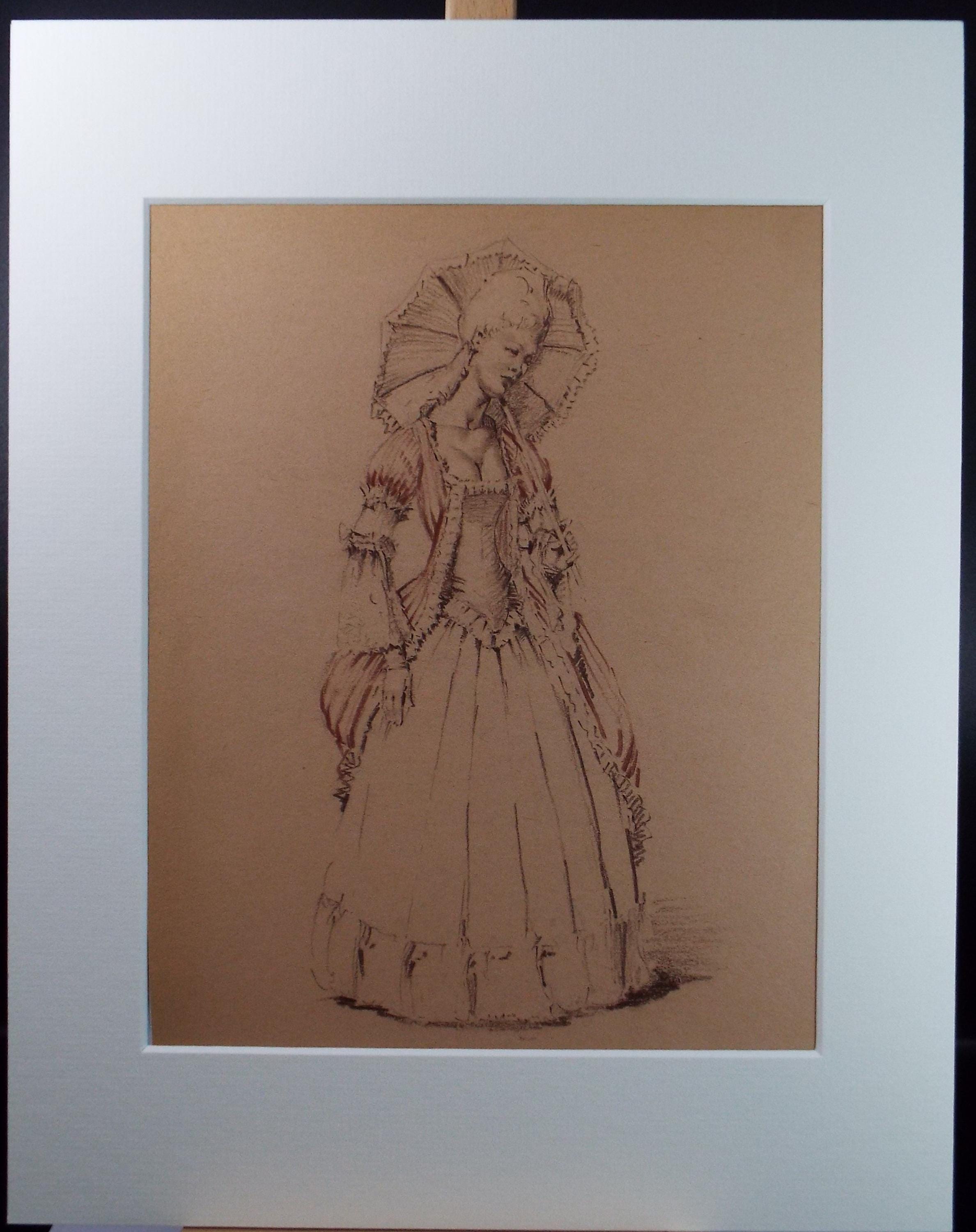 Original Pastel Drawing, 'Victorian Woman Study', Artist Unknown, Circa 1950's