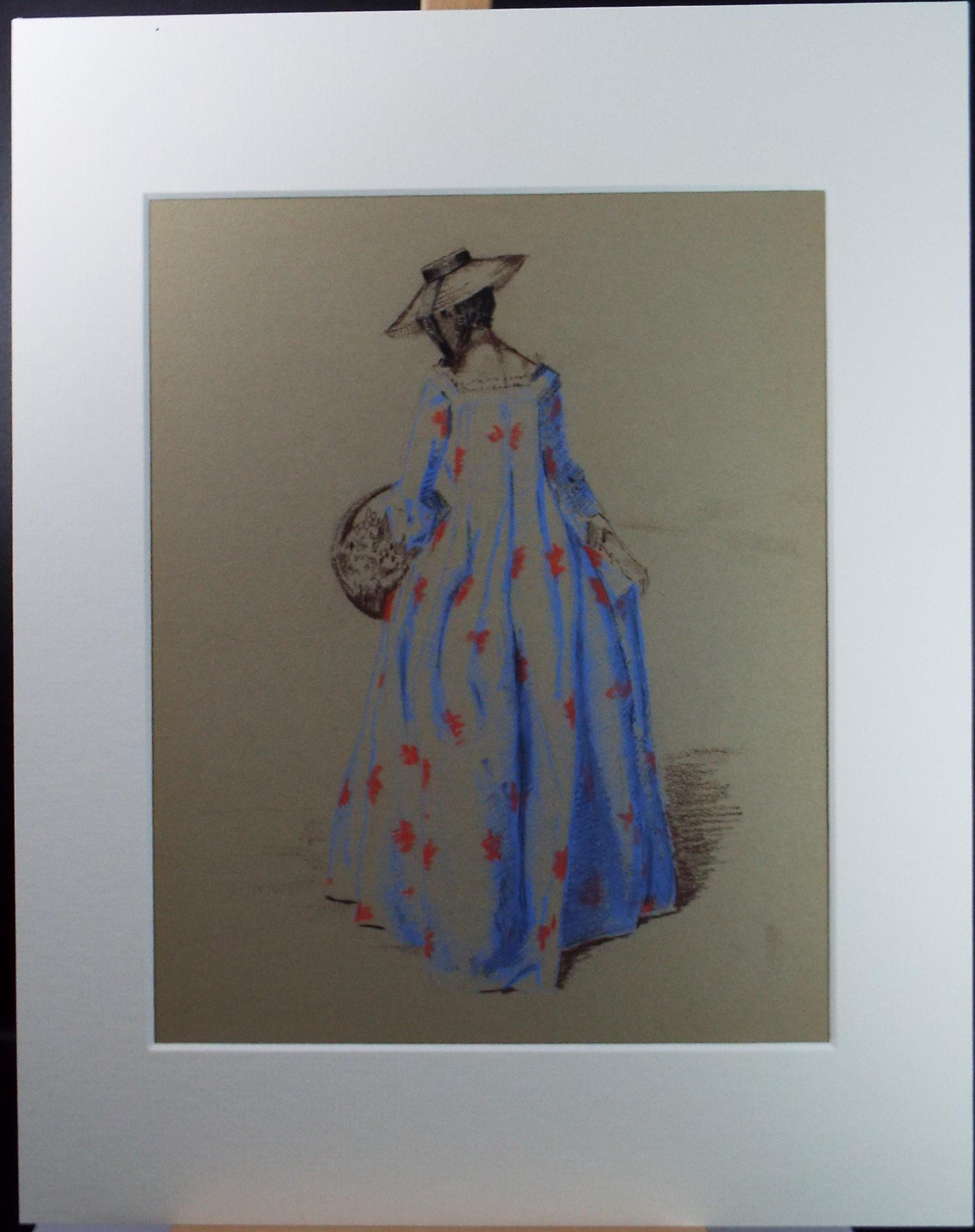 Original Pastel Drawing, 'Victorian Woman Study', Artist Unknown, Circa 1950's