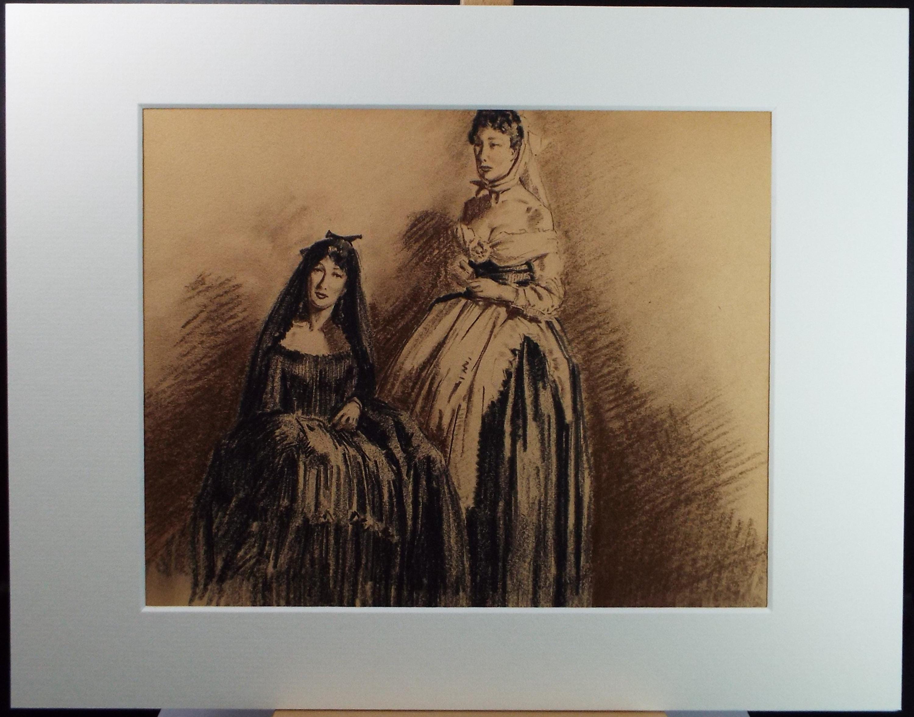 Original Pastel Drawing, 'Victorian Women in Mourning', Artist Unknown, Circa 1950's