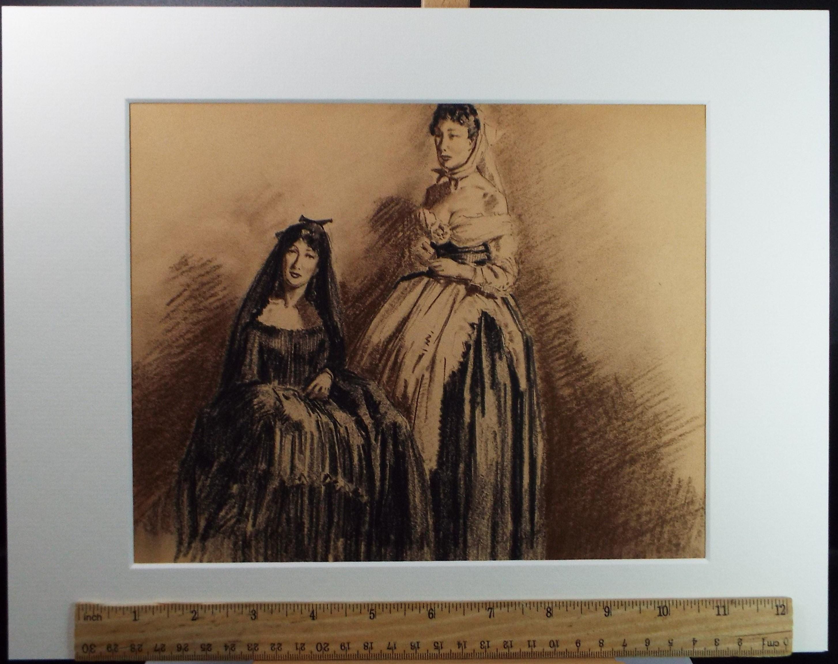 Original Pastel Drawing, 'Victorian Women in Mourning', Artist Unknown, Circa 1950's