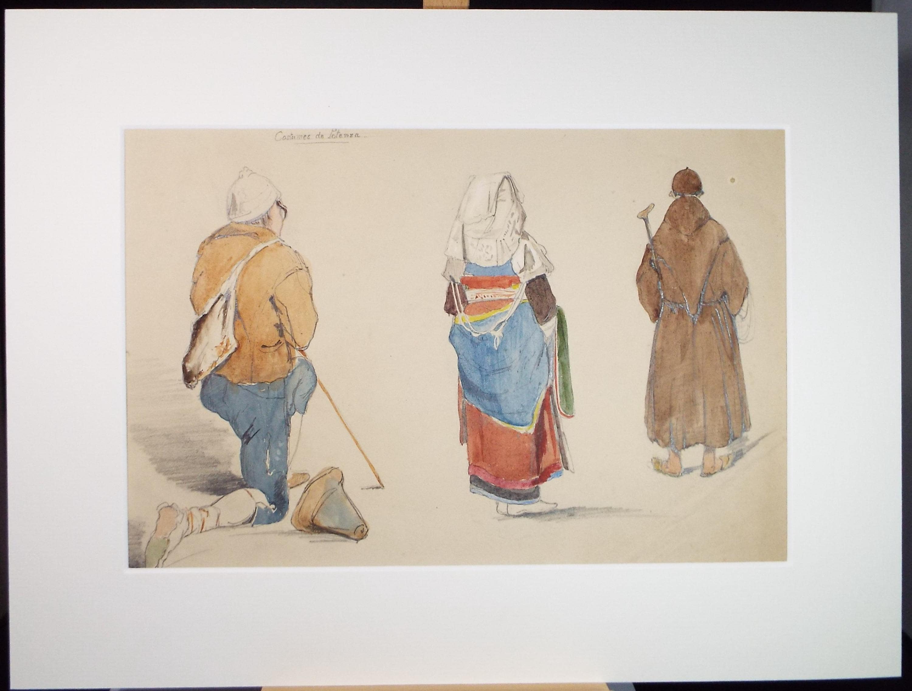 Original Watercolour, 'Costumes de Potenza', Mid 19th Century, Unknown artist