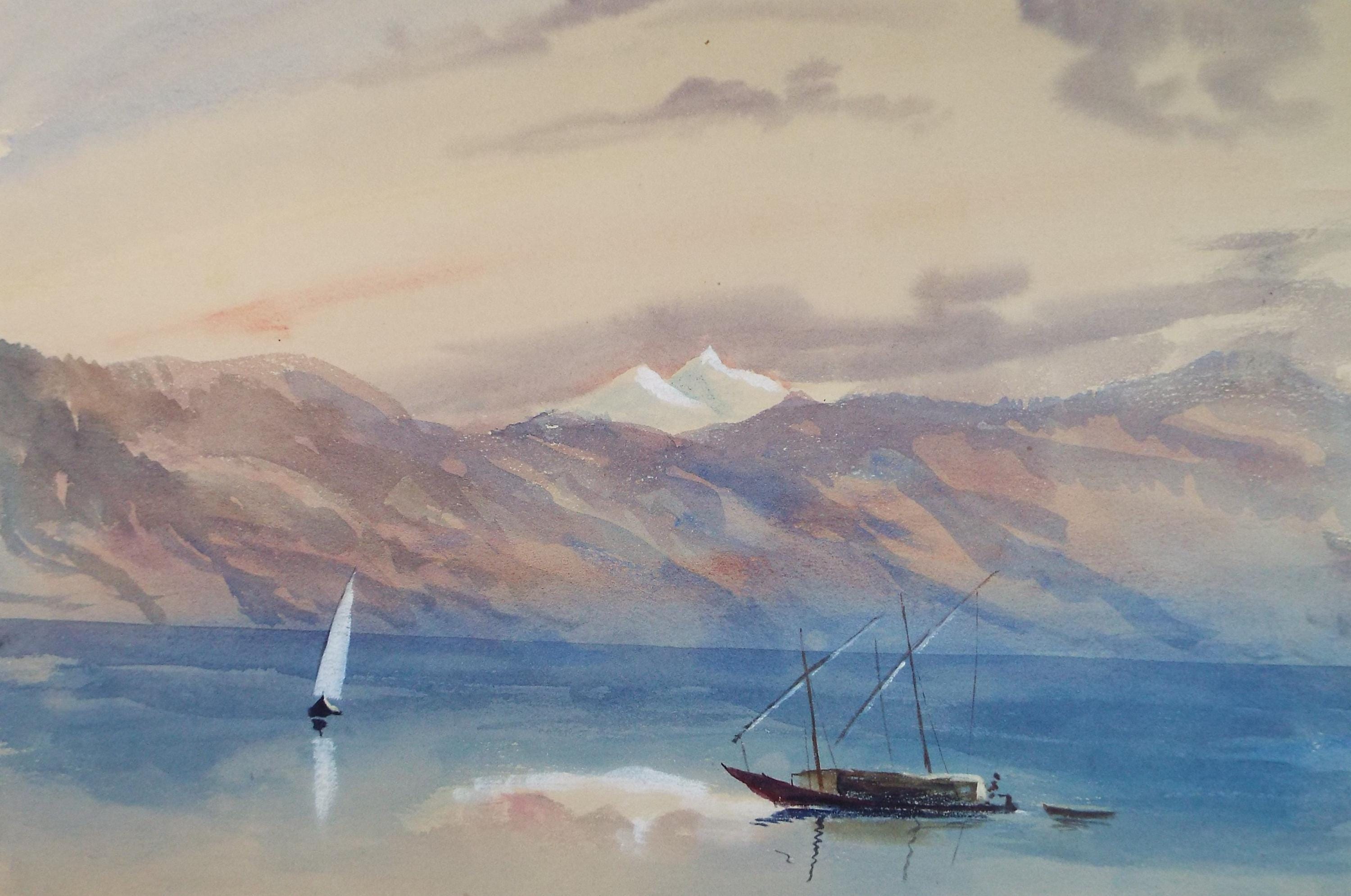 Original Watercolour, 'Landscape with Felucca', Late 19th Century, artist Unknown