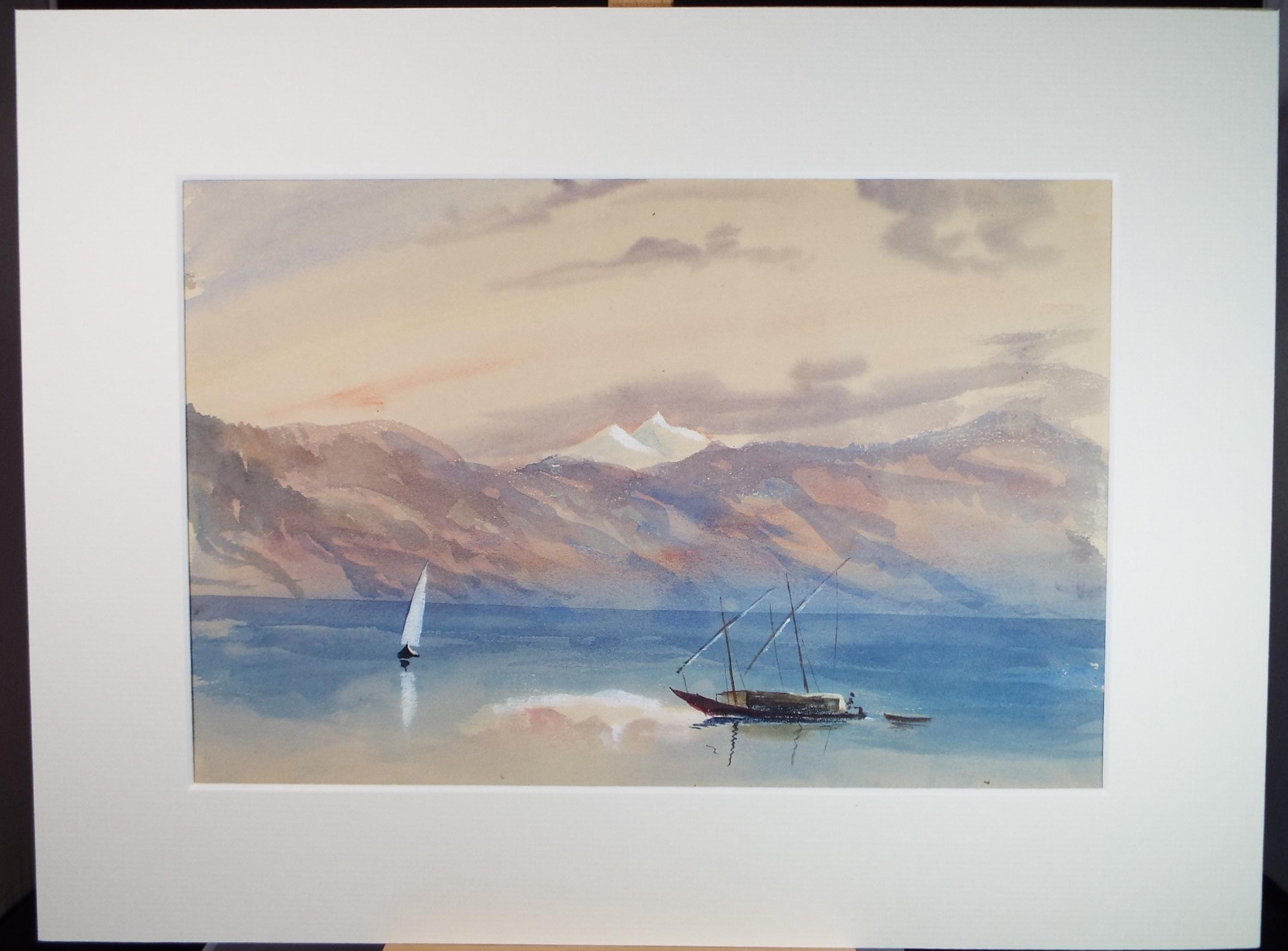 Original Watercolour, 'Landscape with Felucca', Late 19th Century, artist Unknown