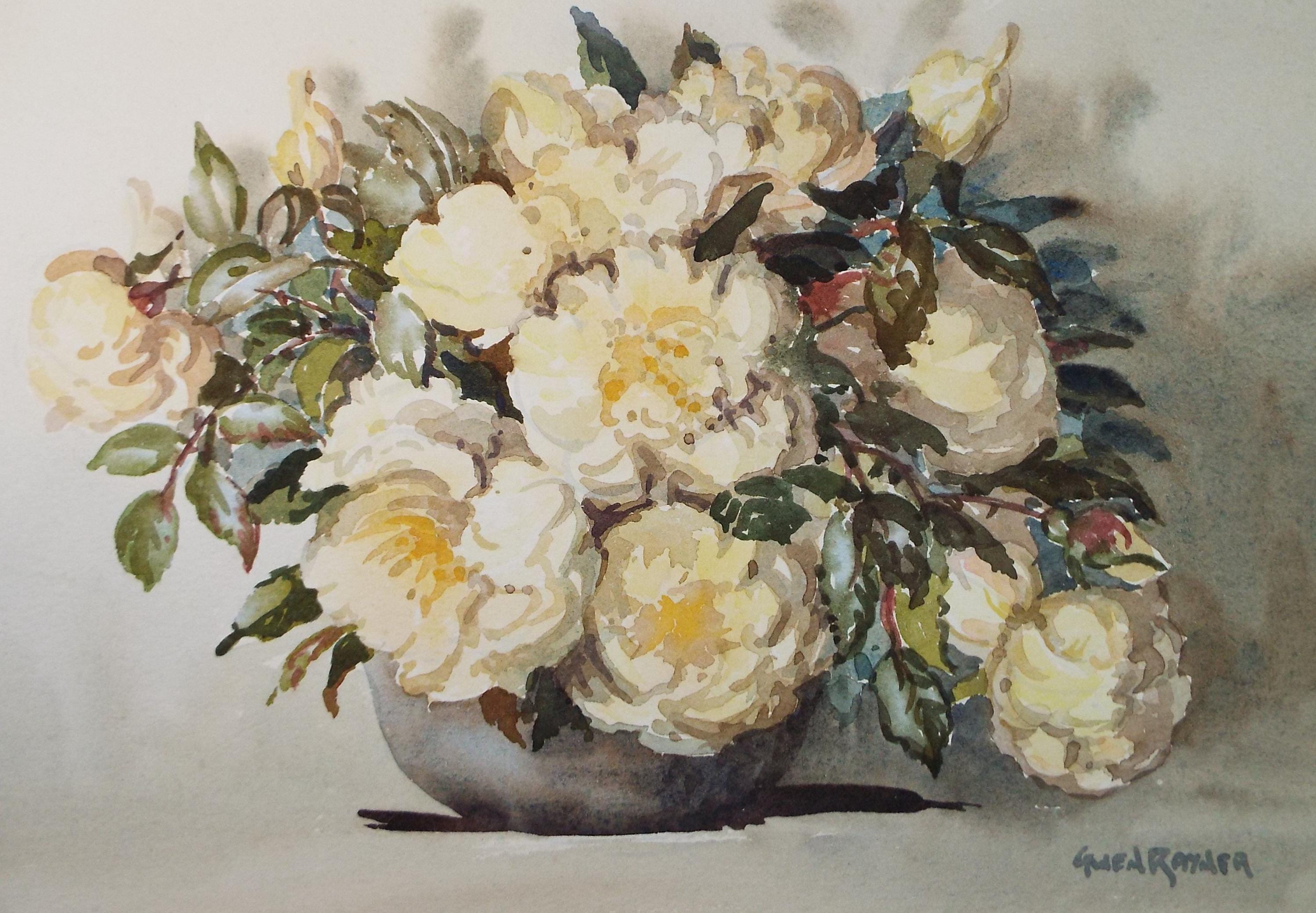 Original Watercolour, 'Bowl of Yellow Peonies', Gwen Rayner, c1970's