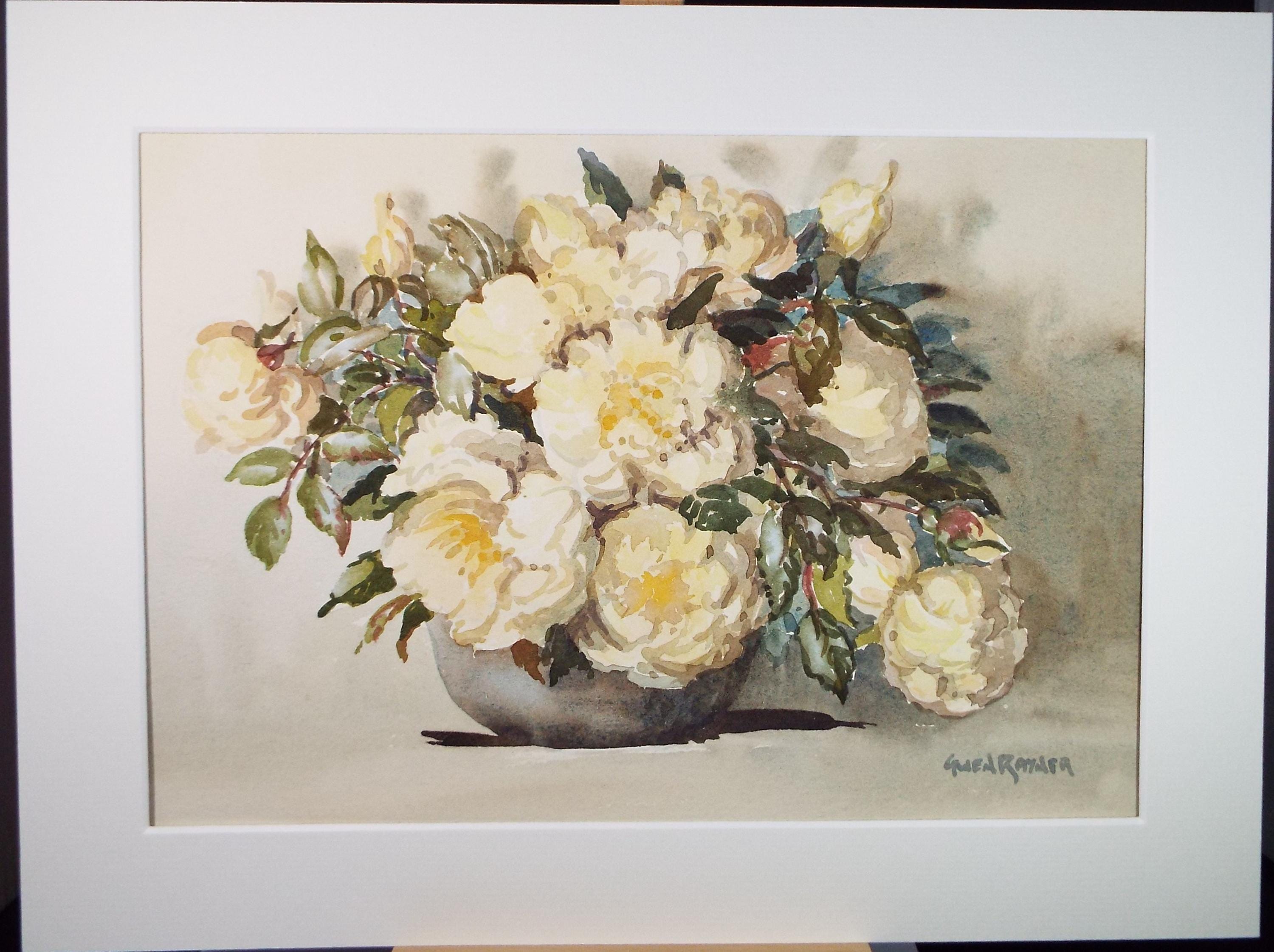 Original Watercolour, 'Bowl of Yellow Peonies', Gwen Rayner, c1970's