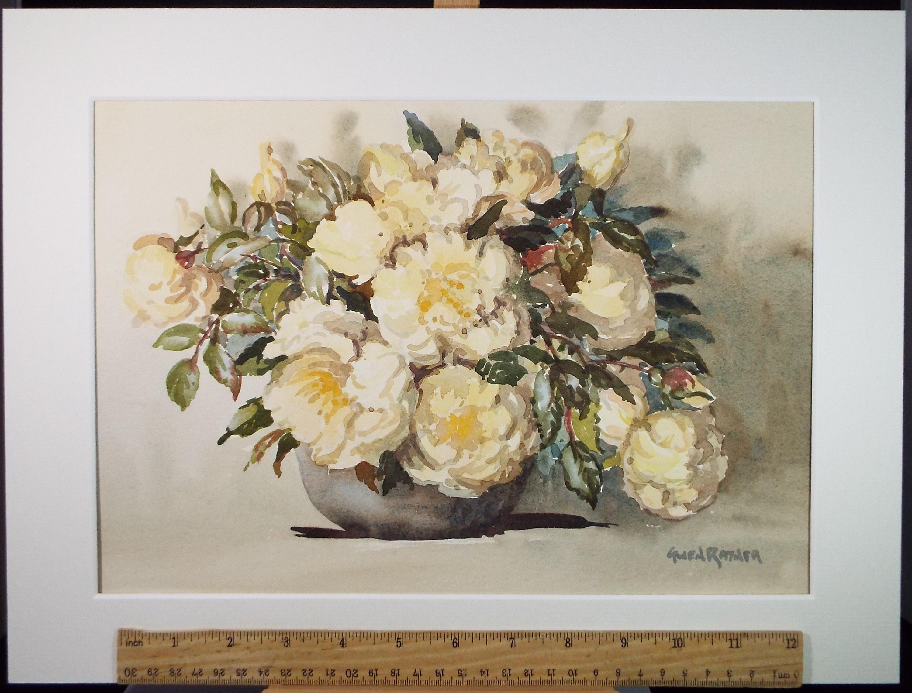 Original Watercolour, 'Bowl of Yellow Peonies', Gwen Rayner, c1970's